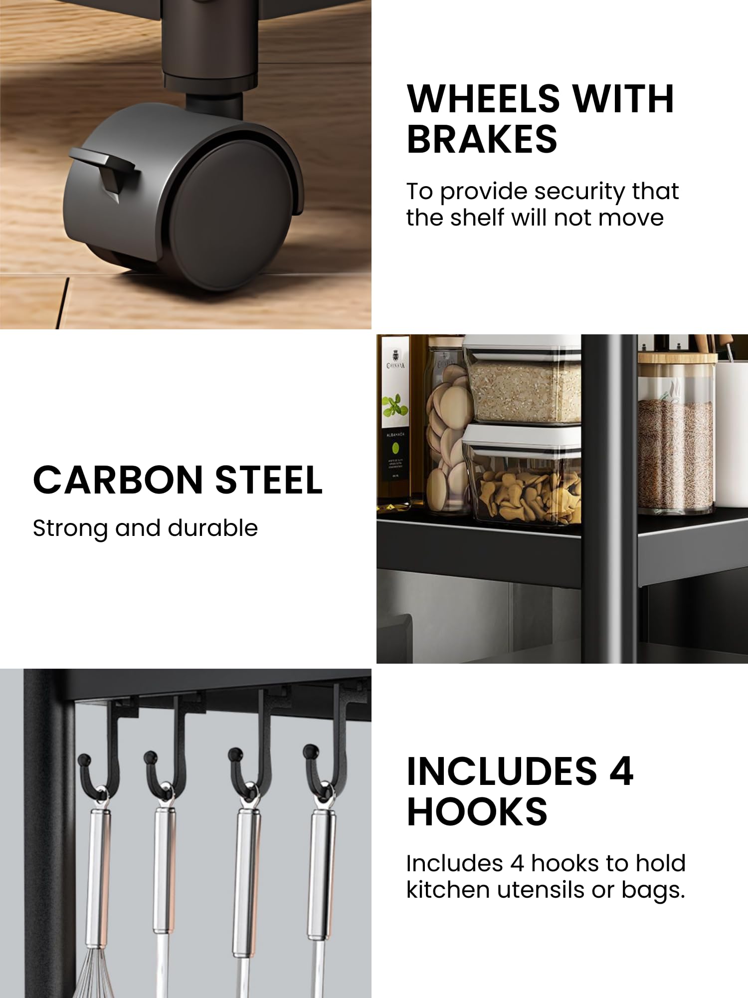 MAGIC SELECT Estantería para Almacenaje,Estante con Ruedas, Estantería de Pie,Repisa Metálica Multiusos, Mueble para Cocina, Baño, Habitación, Garaje, Salón con 3 Baldas de Almacenamiento.