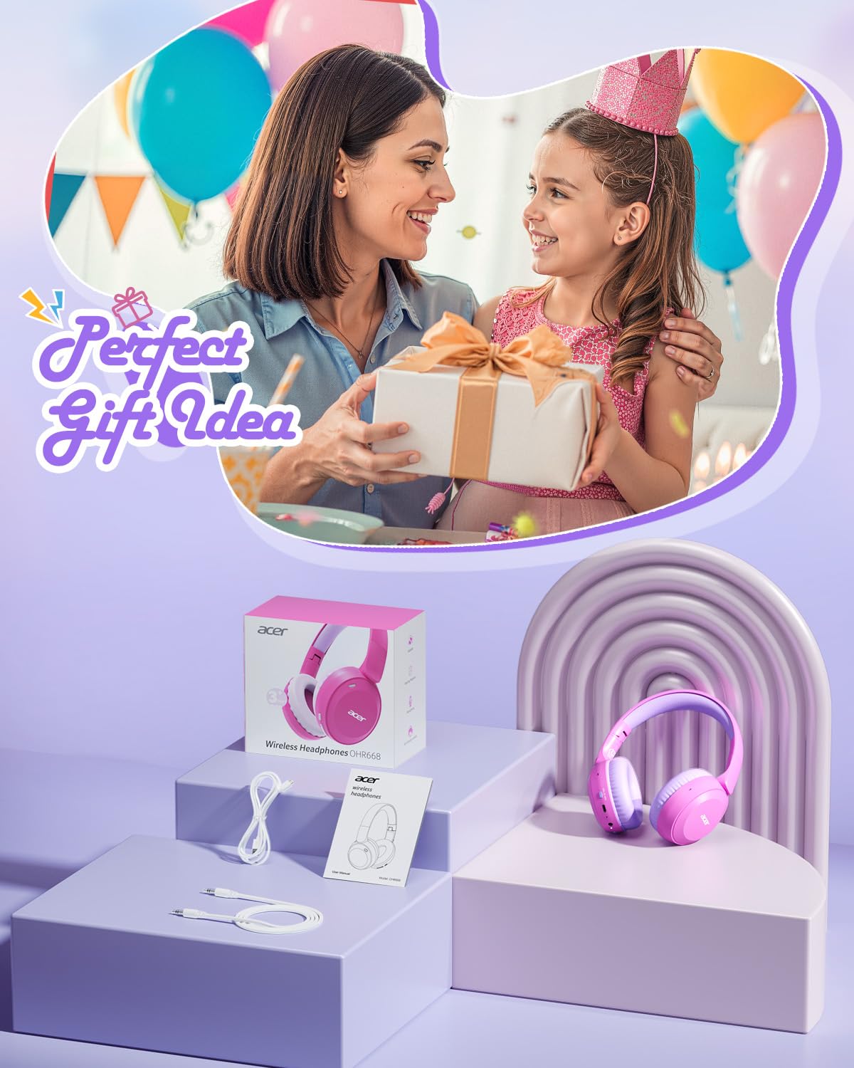 Acer Cuffie Bluetooth per Bambini, Volume Limitato a 85/94 dB(Rosa)