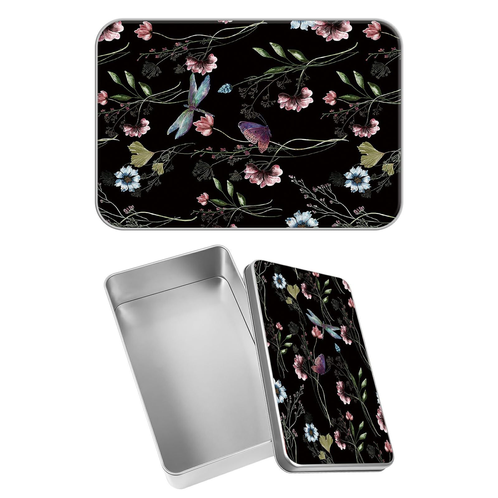 Rectangular Metal Tin Box with Removable Lid, Wild Flower Butterfly Decorative Printed Metal Storage Container for Sweets Jewelry Tea Candies Cakes 7 x 4.33 x 2.17 inch– Single Pack