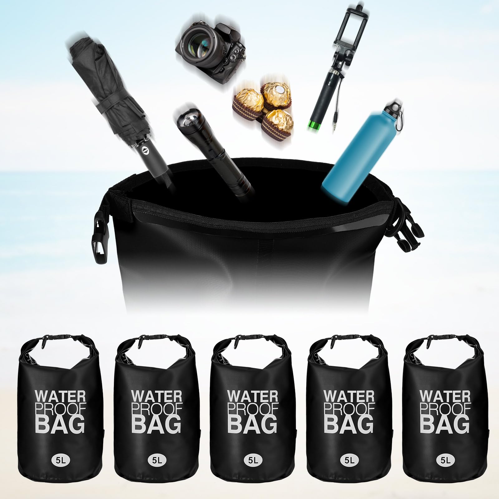 Jexine Confezione da 10 sacchetti impermeabili da 5 l, ultraleggeri, ermetici, in ripstop, da campeggio, per backpacking, kayak, escursionismo, nuoto, pesca, rafting, canottaggio (nero)