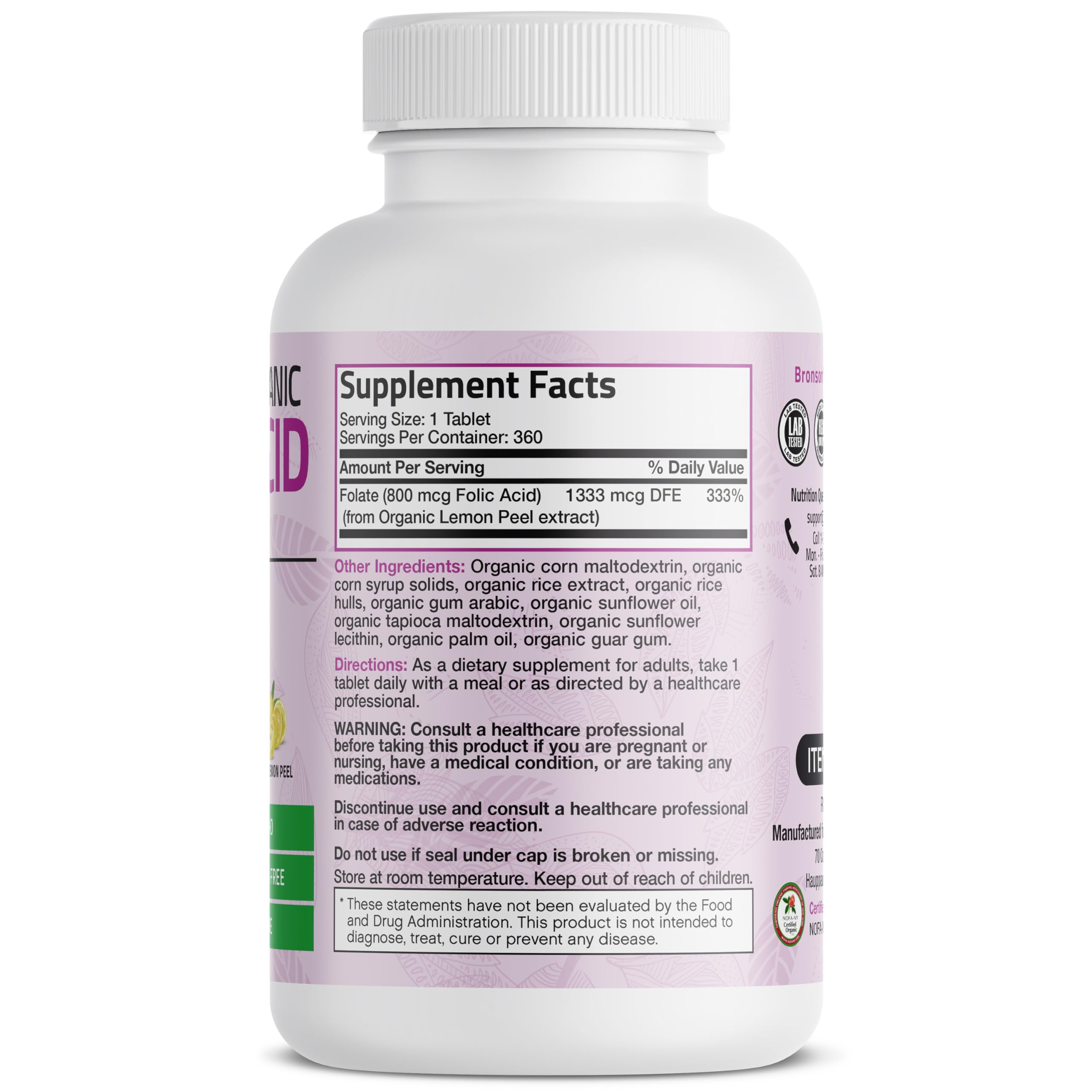 Bronson Folic Acid 800 mcg, USDA Certified Organic, 360 Tablets — Amazon image 2