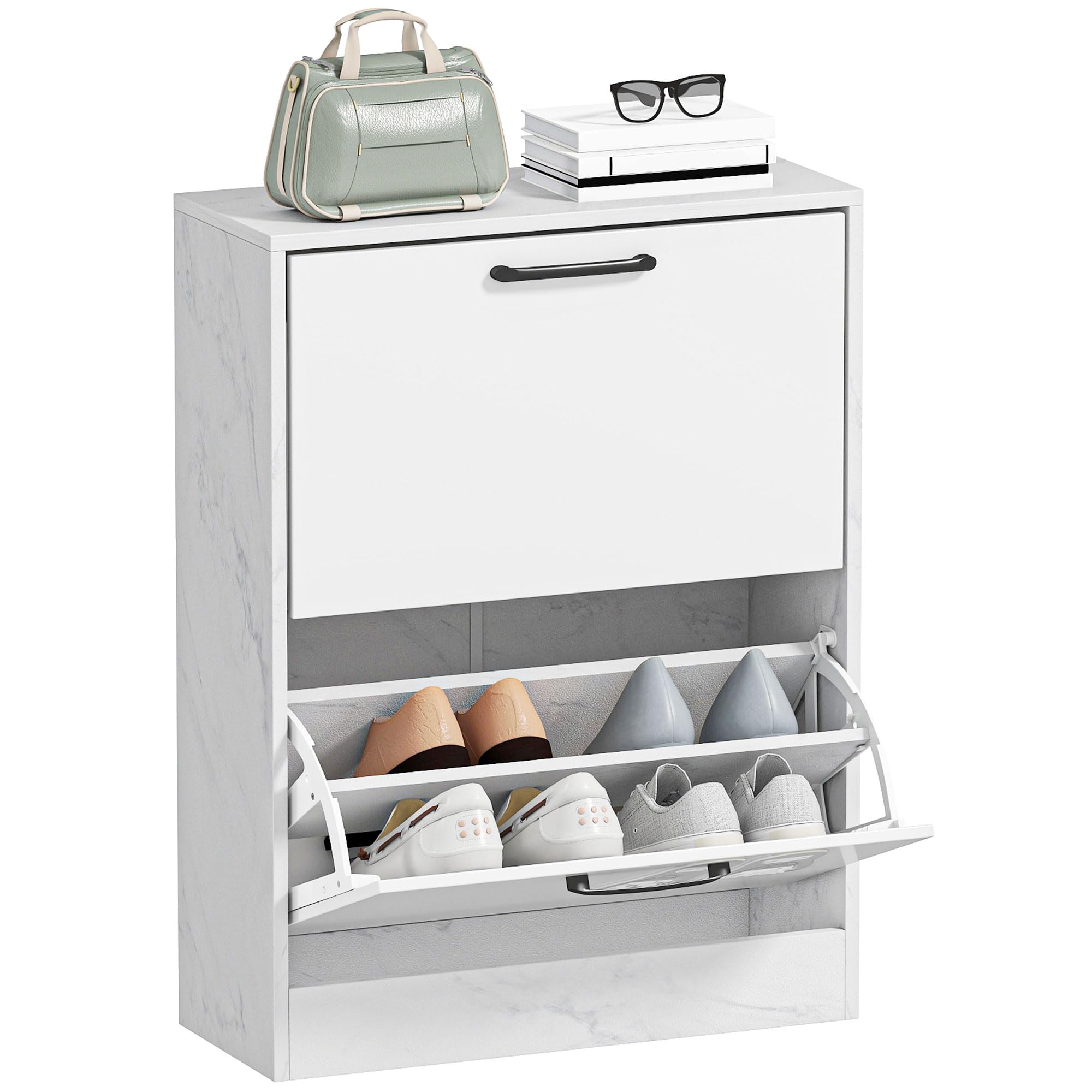 HOMCOM Zapatero Estrecho 2 Puertas de Alto Brillo 60x24x80 cm Blanco | Zapatero Entrada Recibidor, Estantes Ajustables, Diseño Mármol, para 8 Pares de Zapatos, Espacios Reducidos