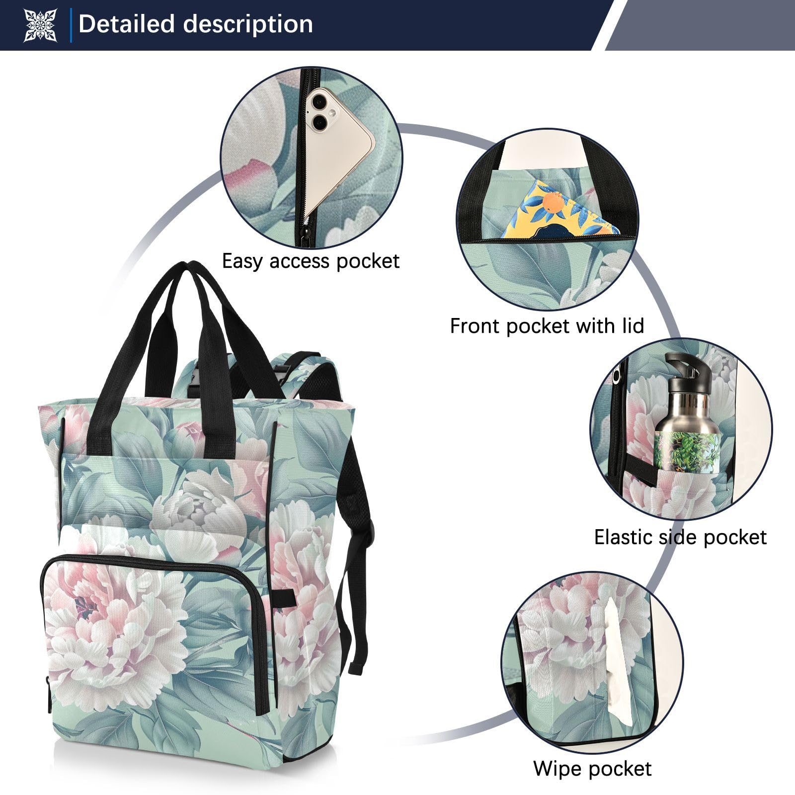 Torba na pieluchy Plecak dla kobiet Styl Boho Kwiat Kwiatowy