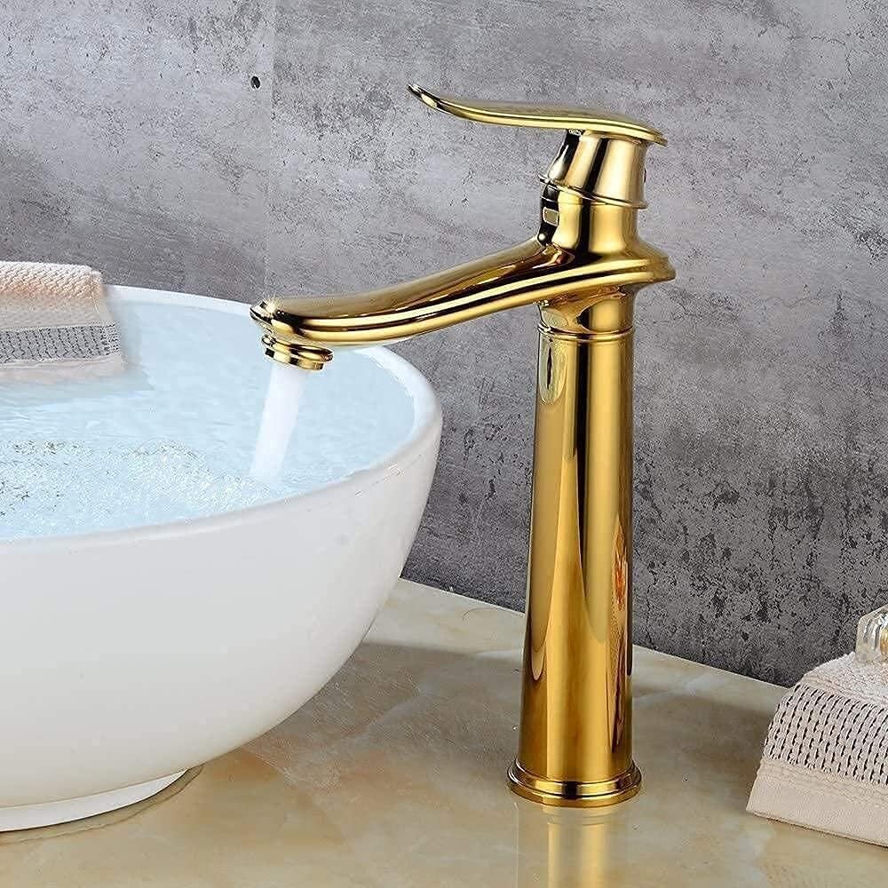 Mitigeur de lavabo robuste eau chaude et froide en cuivre or pour îlot de cuisine