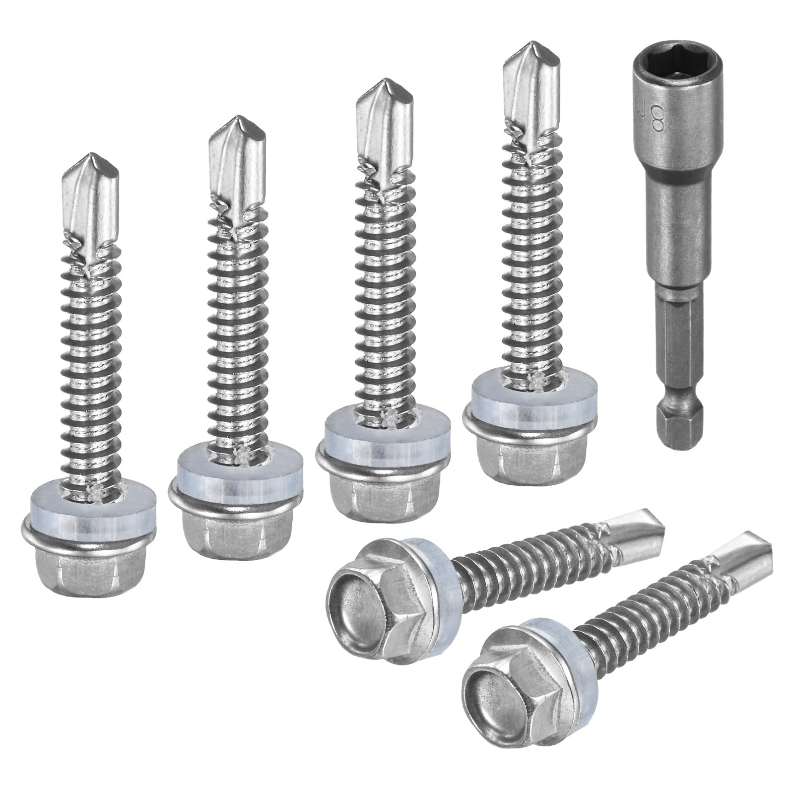 M METERXITY 100-Pack Self-Drilling Screws for Metal, #12x1-1/4" 410 Stainless Steel Hex Washer Head Self-Tapping Sheet Metal Screws with Hex Driver Bit