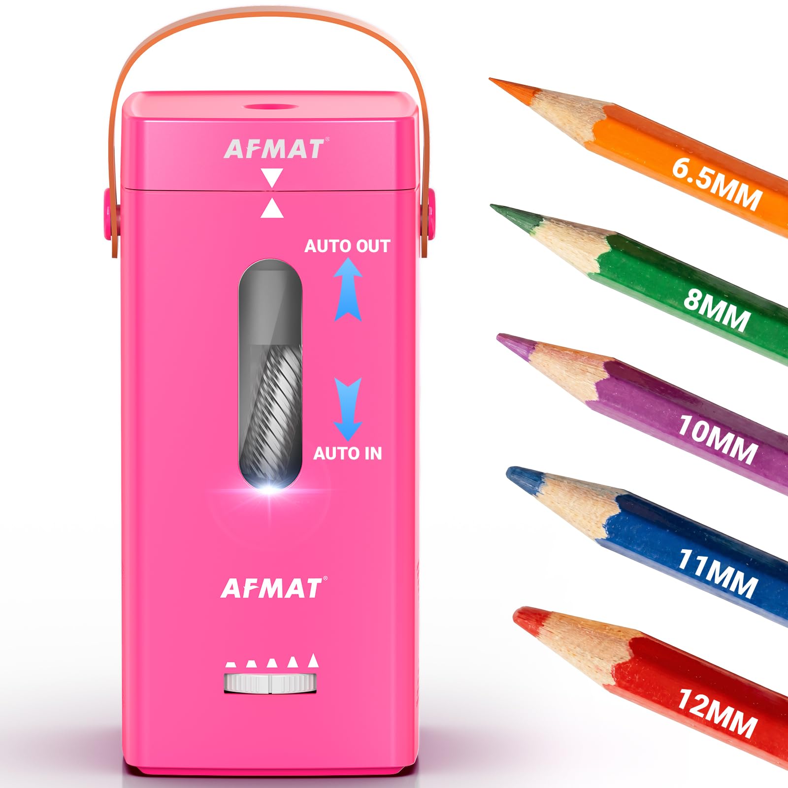 AFMAT Fully Automatic Electric Pencil Sharpener,Hands-Free Electric Sharpener with Handle, 5 Tip Settings, Auto in&Out, Portable for 6.5-12mm Pencils, 7K+ Uses for Teachers, Artists, Office, Rose Red
