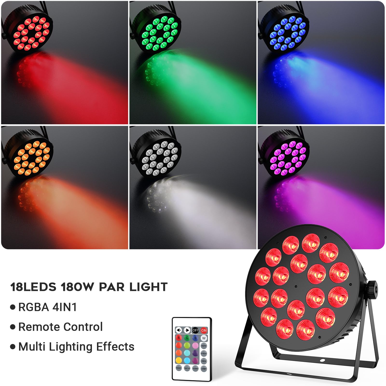 LED Par Stage Lights 2Pack - 180W 18LED RGBA Par Can DMX DJ Light Sound Activated Automatic Program by Remote Control Uplights for Events Productions Lighting Wedding Church Party Applications