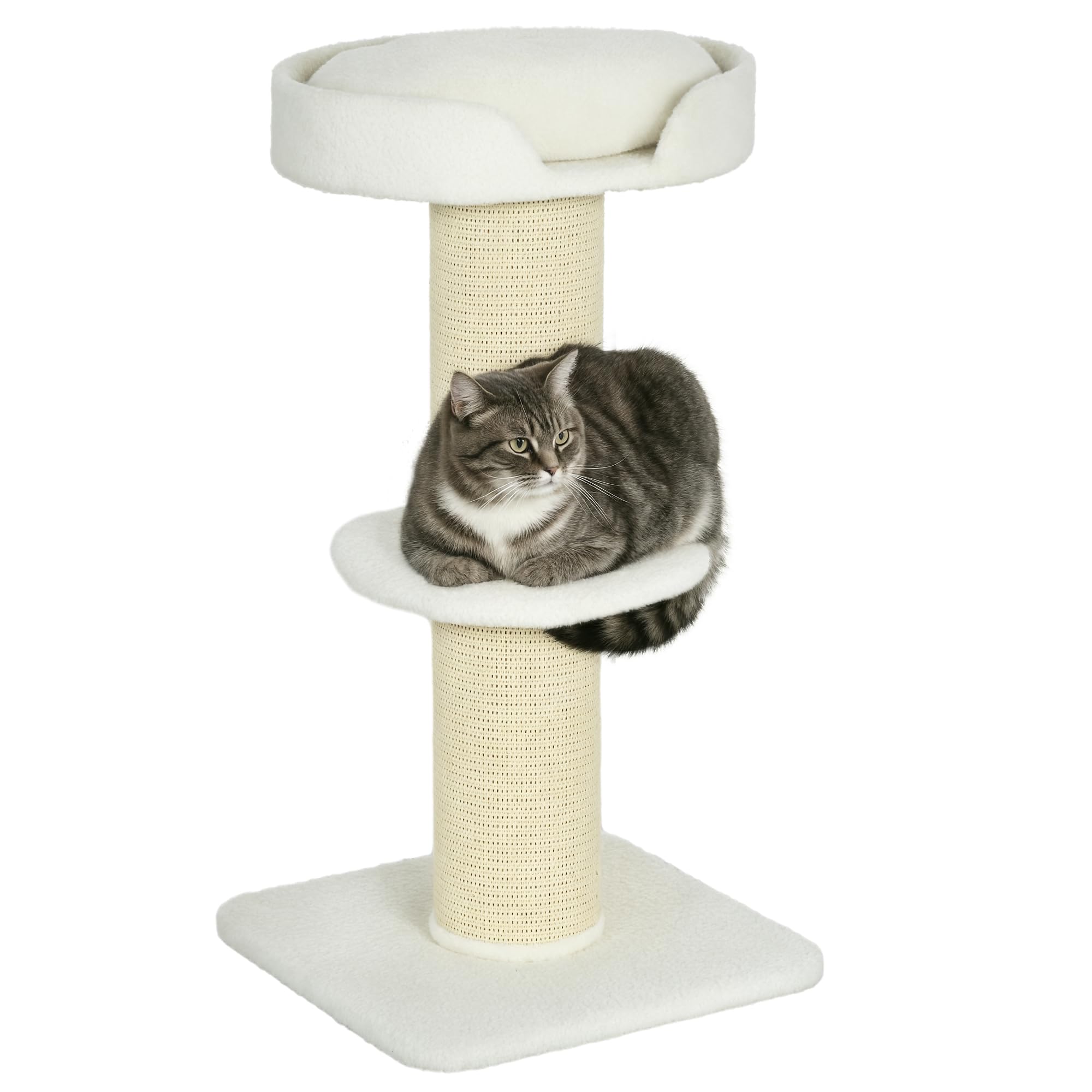 Pawhut Cream/White 2 Tier Cat Resting Tree W/ Top Basket Cushion Sisal Post