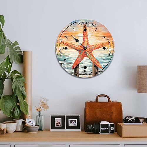 Miniatura 5 de Reloj de marea de estrellas de mar, hora del océano, reloj de marea de madera costera con marea alta, marea baja, sin tictac, funciona con pilas,