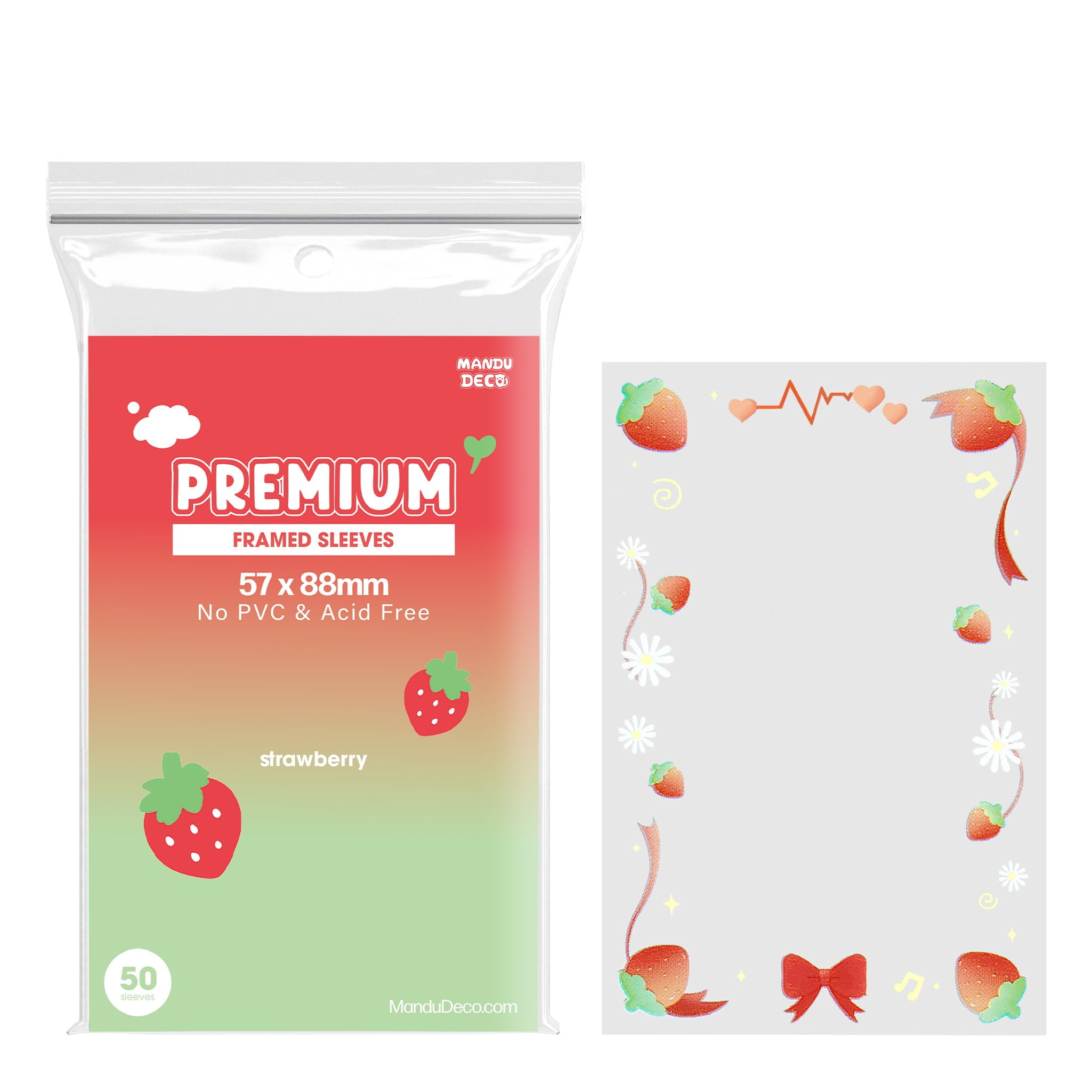 Strawberry Frame Sleeve, Polypropylene Card Protector for Kpop Album Photocards, PVC Free and Acid Free, 50 Sleeves Per Pack (57x88mm)