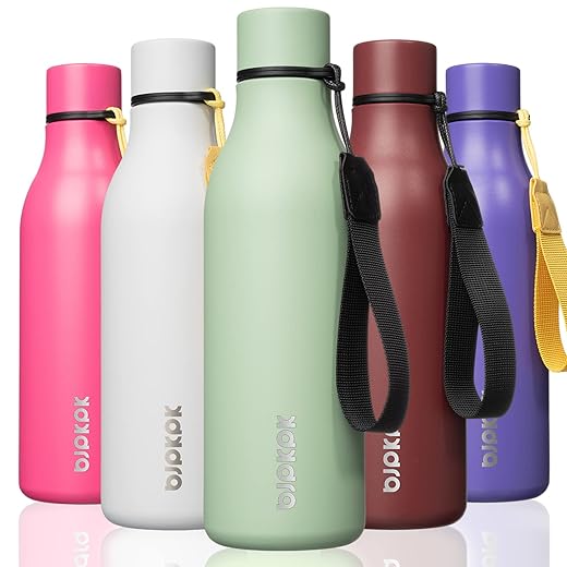 BJPKPK Insulated Water Bottles, 18oz Stainless Steel Metal Water Bottle with Strap, BPA Free Leak Proof Thermos, Mugs, Flasks, Reusable Water Bottle for School, Sports & Travel, Macaron Green