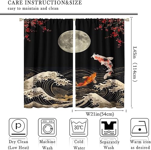 Miniatura 2 de Cortinas de pez Koi para dormitorio, estilo japonés Yin Yang Big Wave Cherry Blossom Tratamientos de ventana para sala de estar, cortinas de carpa