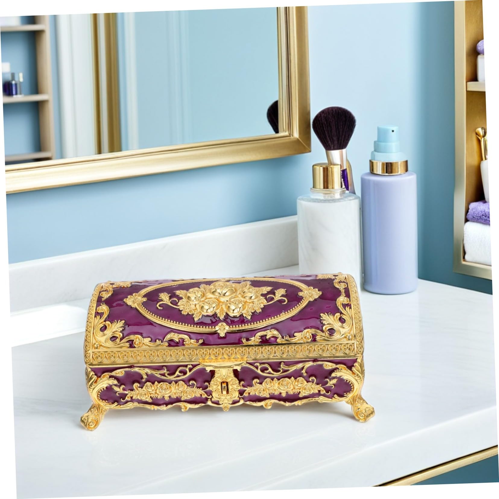 Schmuckkästchen Aufbewahrungsbox für Damen aus Legierung Vintage als Dekorative Schmuckschatulle Kompakte und Vielseitige in Violett Elegantes Retro Design für Zuhause