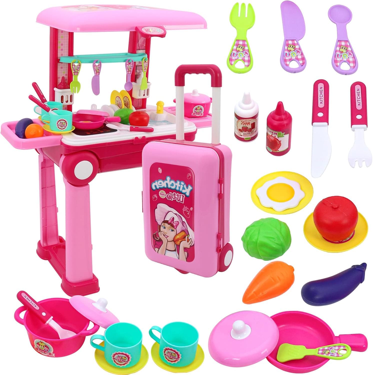 3 in 1 Portable Pretend Food Party Role Cooking Kitchen Play Set Toy for Boys and Girls | Kitchen Set for Kids Girls Big Cooking Set Light and Sound Portable Trolley Pretend Play Toys (Pink) (B0DFPW95N6) Amazon Price History, Amazon Price Tracker