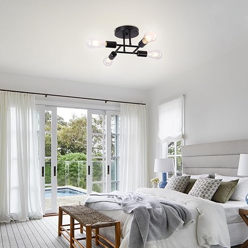 Miniatura 2 de Finktonglan Candelabros Sputnik modernos de 4 luces, color negro, lámpara de techo semiempotrada con base E26 para granja, comedor, pasillo, sala de