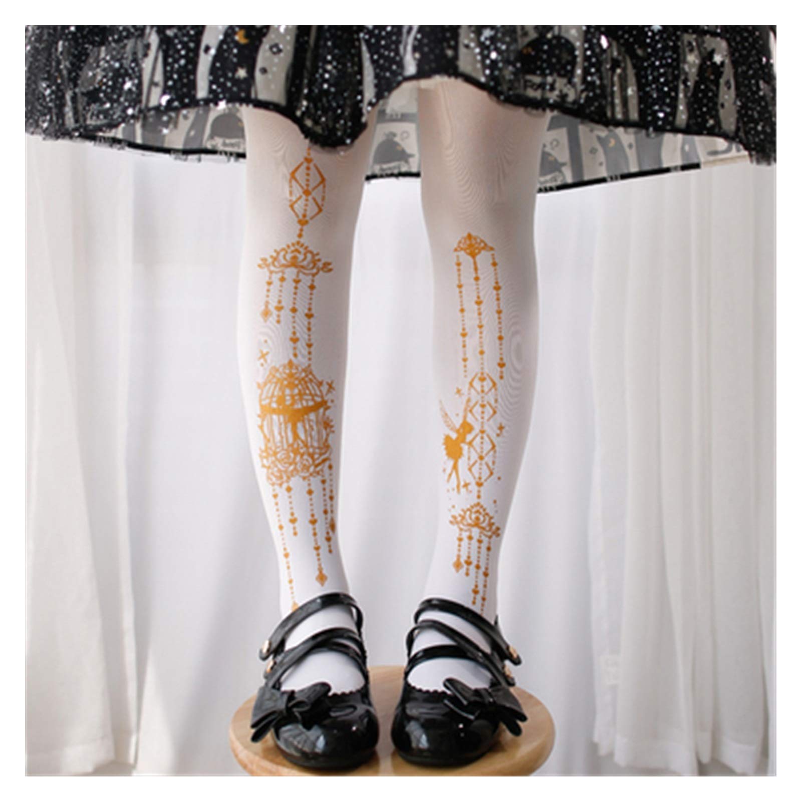 Frühling und Sommer Japanische Lolita Socken Strumpfhosen Basis Weiß Schwarz Vergoldung Seide Gold Mädchen Warm (Color : White Bird Cage)