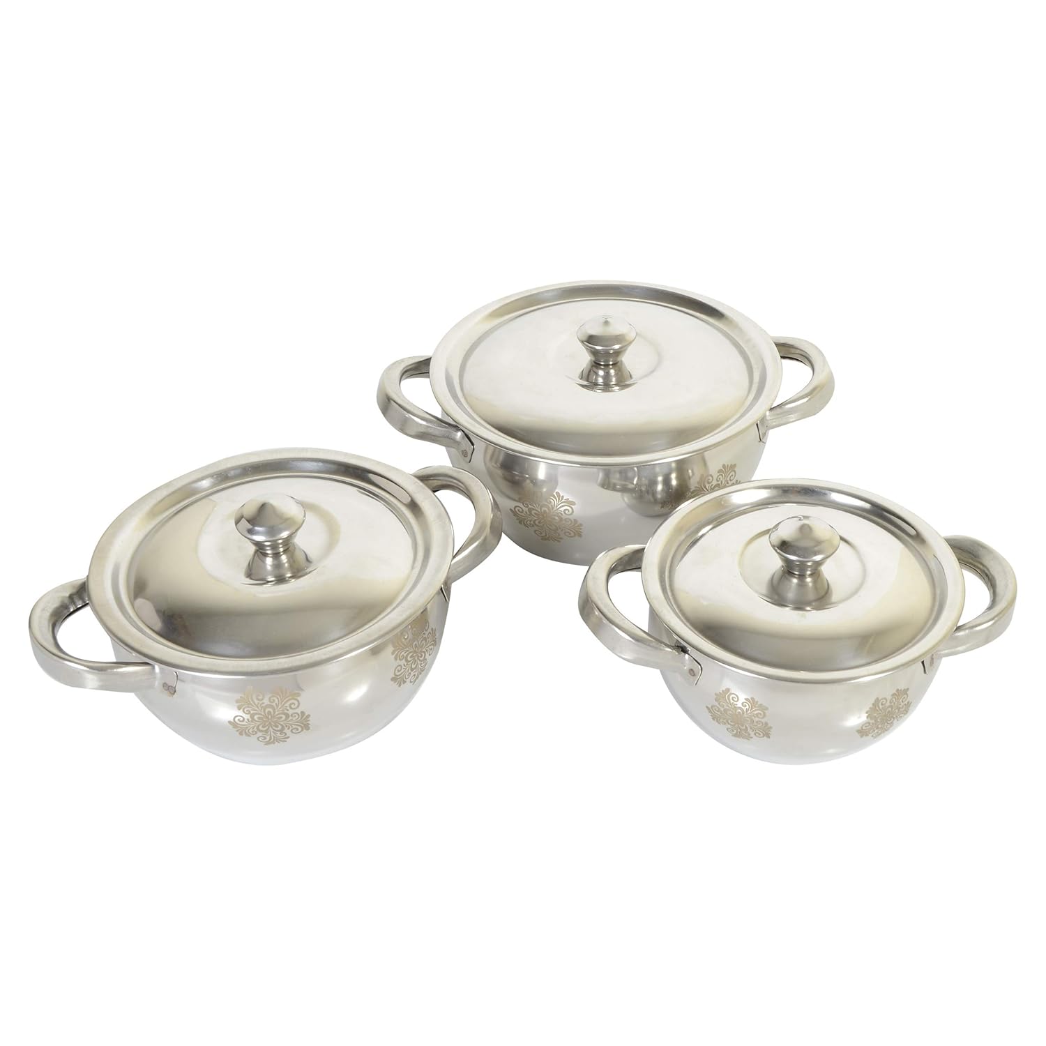 Nirvika 3 pcs of Stainless Steel Laser Handi Set Cookware Serving Bowl with Lid and Handle) (750 ML,1000 ML,1500 ML) Nirvika 3 pcs of Stainless Steel Laser Handi Set Cookware Serving Bowl with Lid and Handle) (750 ML,1000 ML,1500 ML)