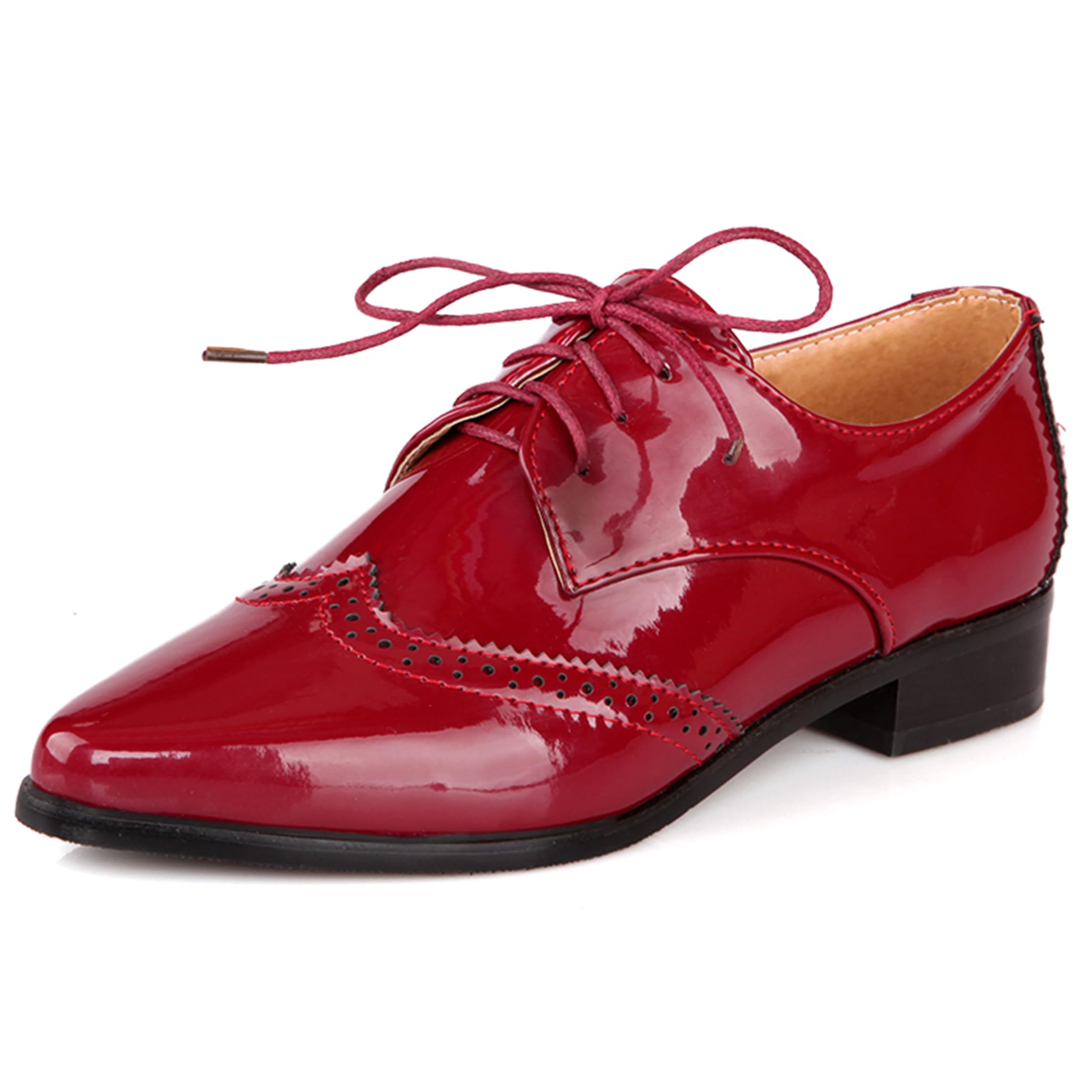 Brogue Women Pointed Toe Oxford Derby Low Block Heel