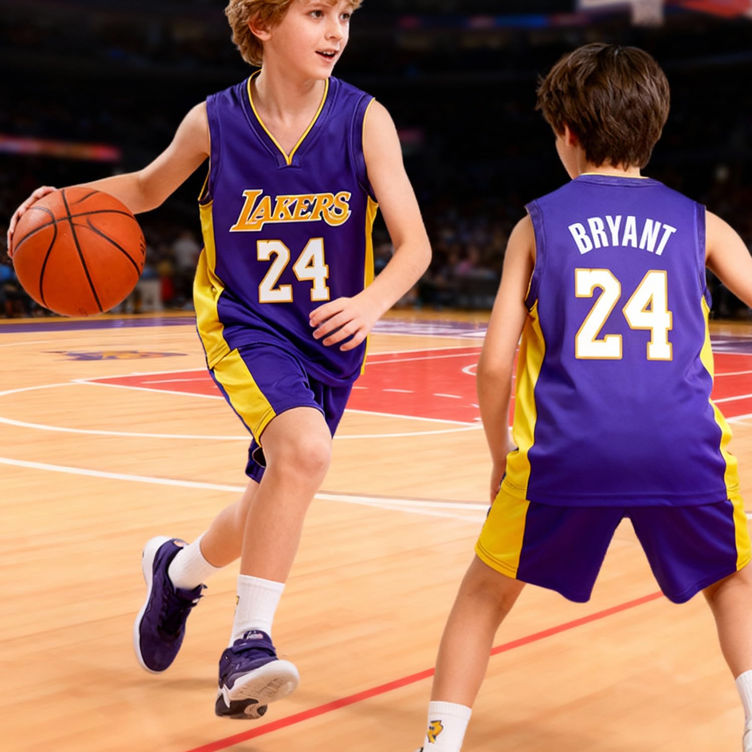 Conjunto Baloncesto Niño Número 24, Equipación Baloncesto Sin Mangas, Camiseta de Baloncesto + Pantalones Cortos para Niño y Niña Morado L,Tamaño: 26 (Altura:140-150 CM)