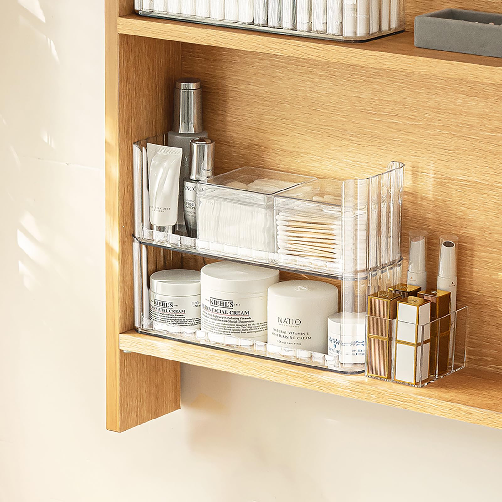 Makeup Organizer, Stackable Medicine Cabinet Shelves Organizer, Makeup Storage Holder Compartments, Transparent Shelf Trays for Bathroom Cabinet Wall, Counter, Vanity, Kitchen (Transparent White-A)