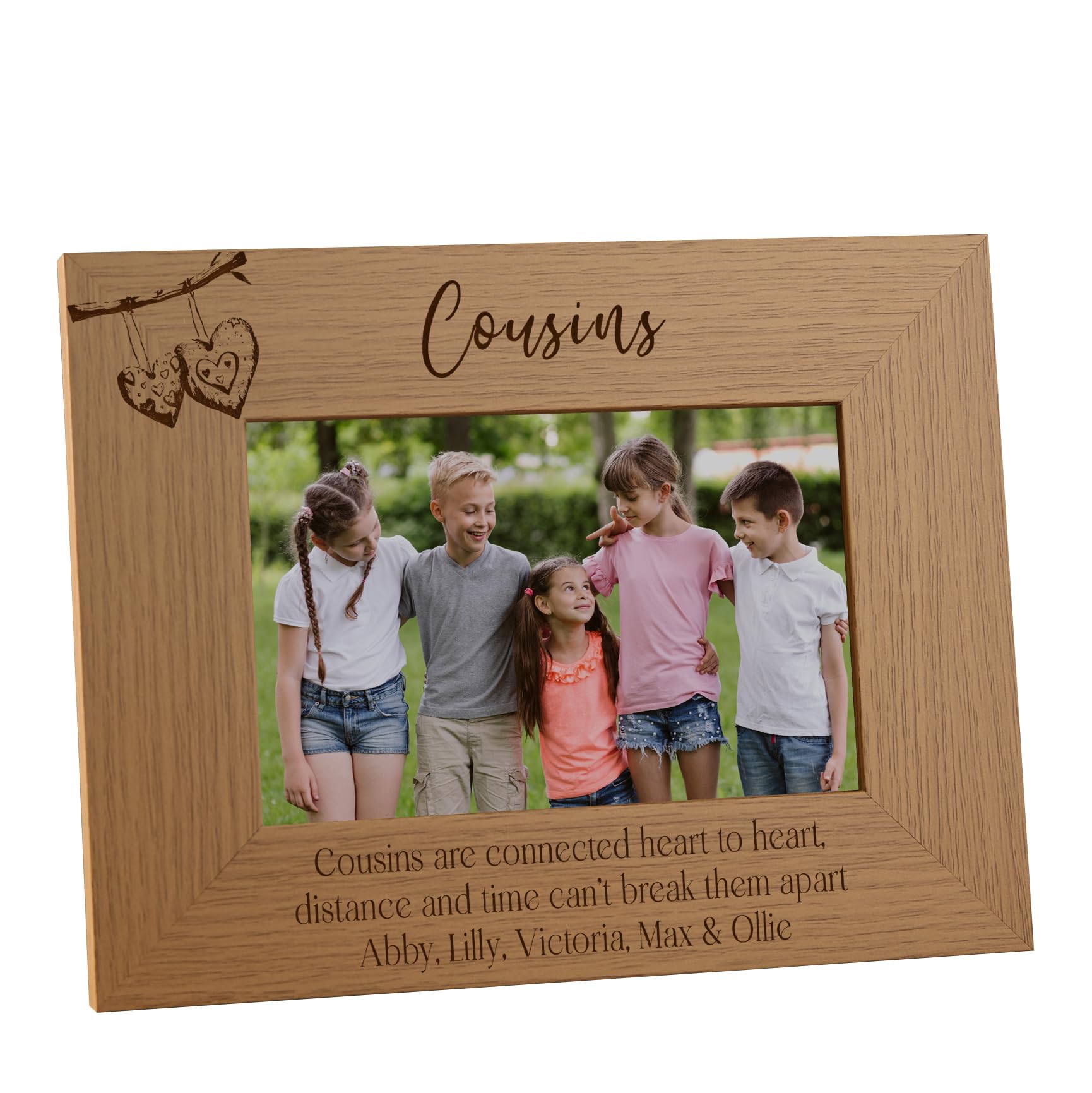 Personalised Cousins Photo Frame with Love Hearts, Branch Design, Oak Finish, Multiple Sizes, Portrait or Landscape, Wall Mount or Desktop Display
