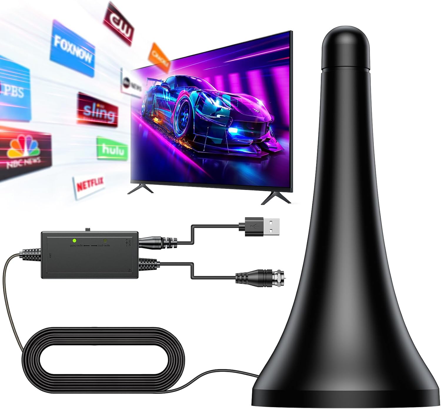 TV Antenna for Smart TV, Indoor Antenna for Local Channels, Long Range Reception, Supports 4K 1080p HD, Amplified Signal Booster, 9.84FT Coax Cable, Easy Installation