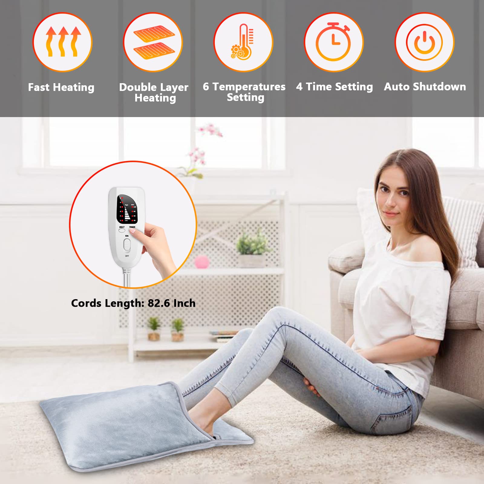 Qoosea Scaldapiedi Elettrico Scaldapiedi Elettrico a Doppio Strato Tappetino Riscaldante Rapido con 6 Livelli di Calore 4 Timer Spegnimento Automatico Cuscino Riscaldato Lavabile per Donne Uomini