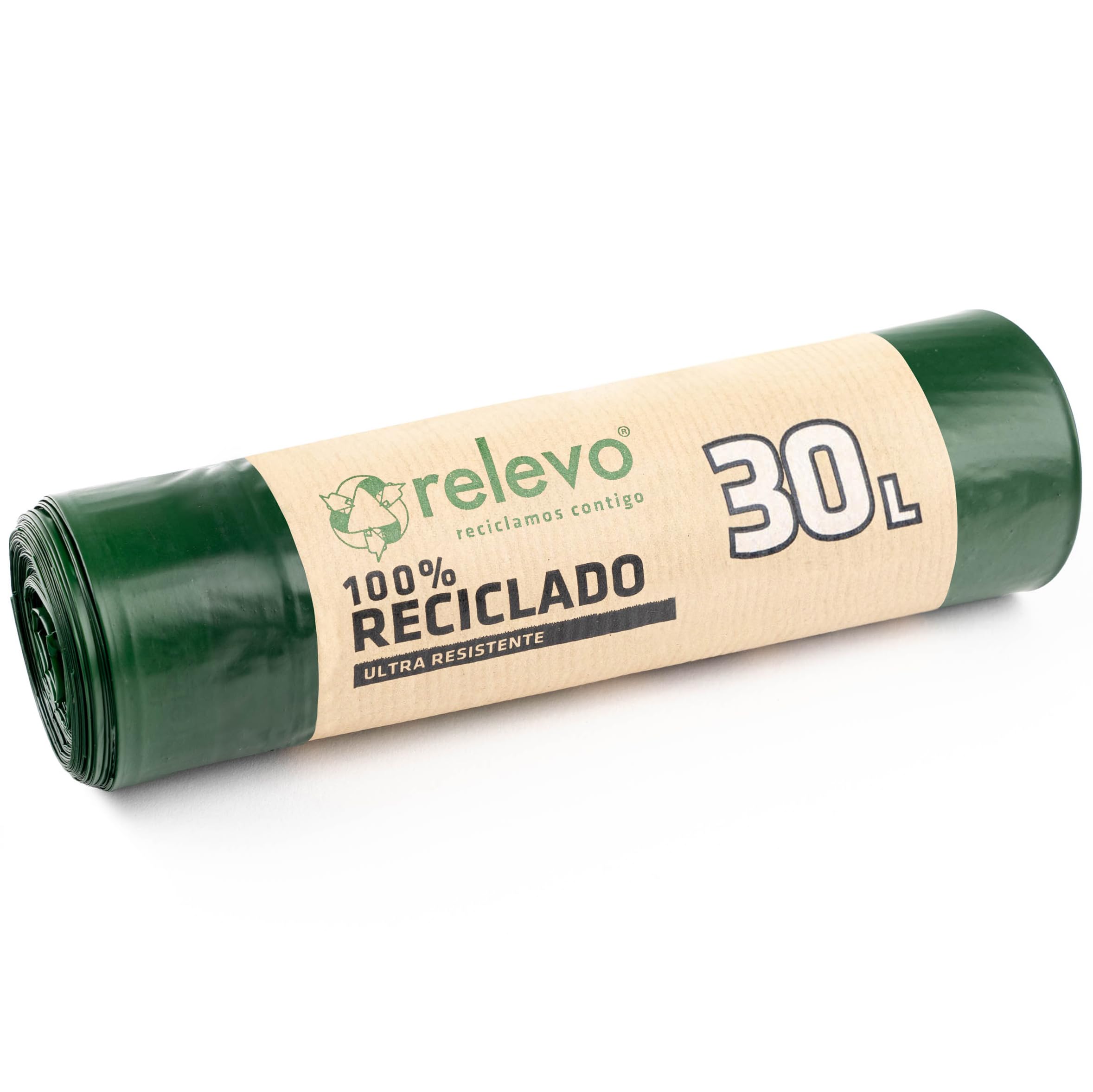 Relevo Green Drawstring Bin Bags - 30L (Width 55 cm x Height 60 cm), 15 Bags per Roll | Extra Strong Bin Liners | 100% Recycled LDPE from Greenhouses | Made in Spain – Blue Angel Certified