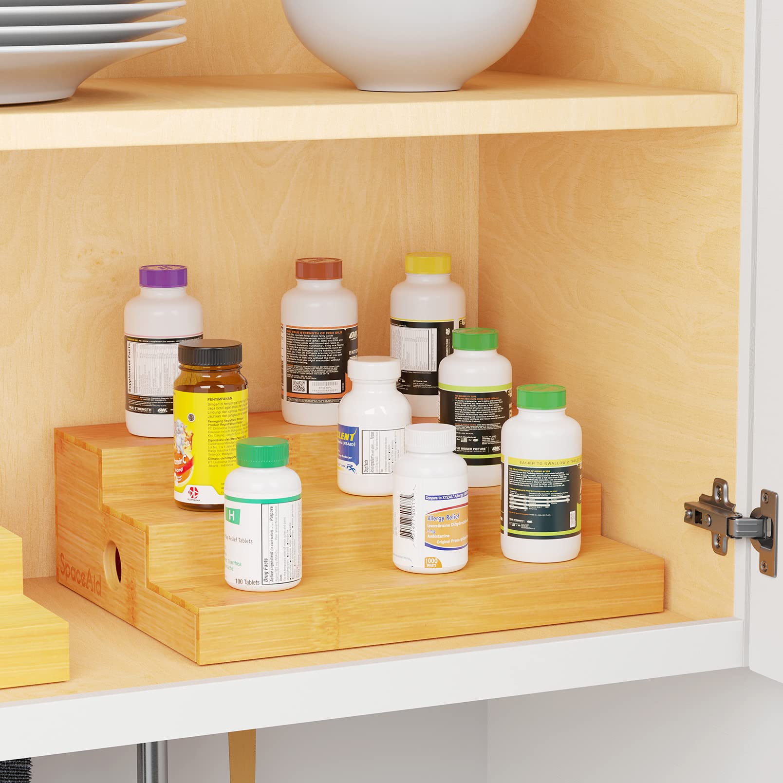 SpaceAid Organizador de especias para armario de cocina, despensa y encimera, estante de exhibición expandible de bambú para condimentos y latas (3 niveles, natural)