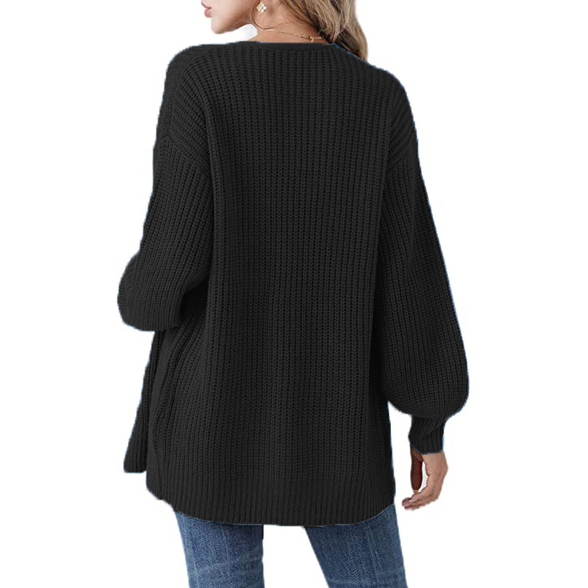 Women Long Sleeve Open Front Cardigan Casual Chunky Long Sweater Coat Loose Knit Solid Color Tops Outwear Jacket (X-Large,Black)