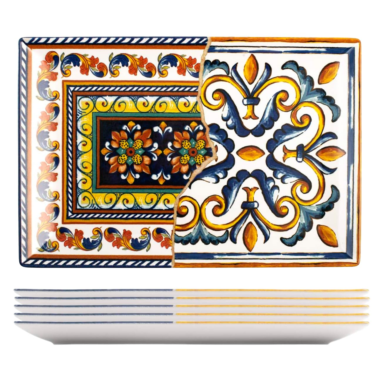 H&H Positano Set 6 Piatti Rettangolari in Stoneware 30x20 cm, Decoro Maioliche Mediterranee, Piatti da Portata per Antipasti e Aperitivi, Lavastoviglie e Microonde