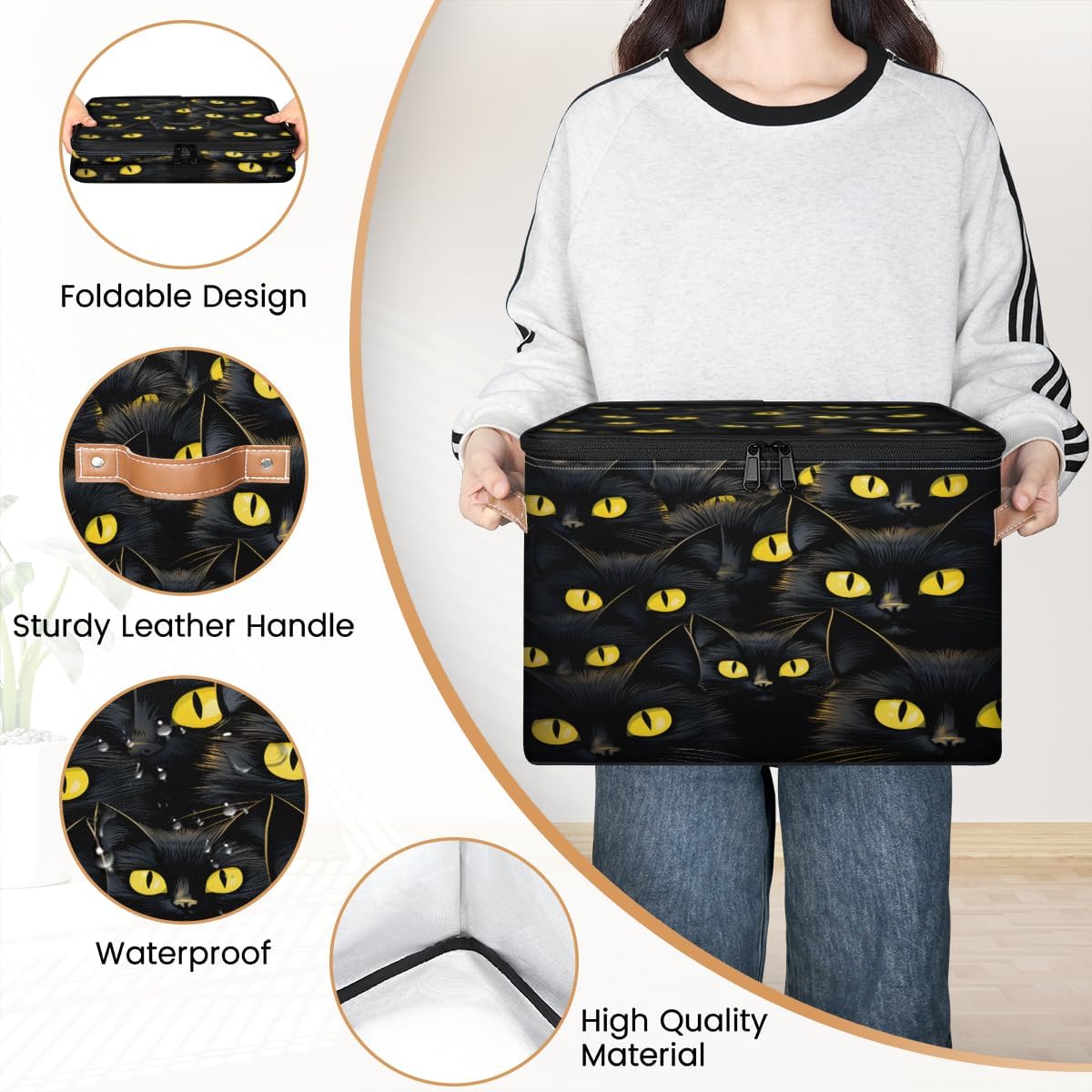 Storage Bin Set of 2 Black Cat Eyes Storage Basket with Zipper Lid & Handle Foldable Closet Shelf 2 Pack Cloth Organizer Basket Cube Bins Clothes Organizer for Bedroom, Nursery