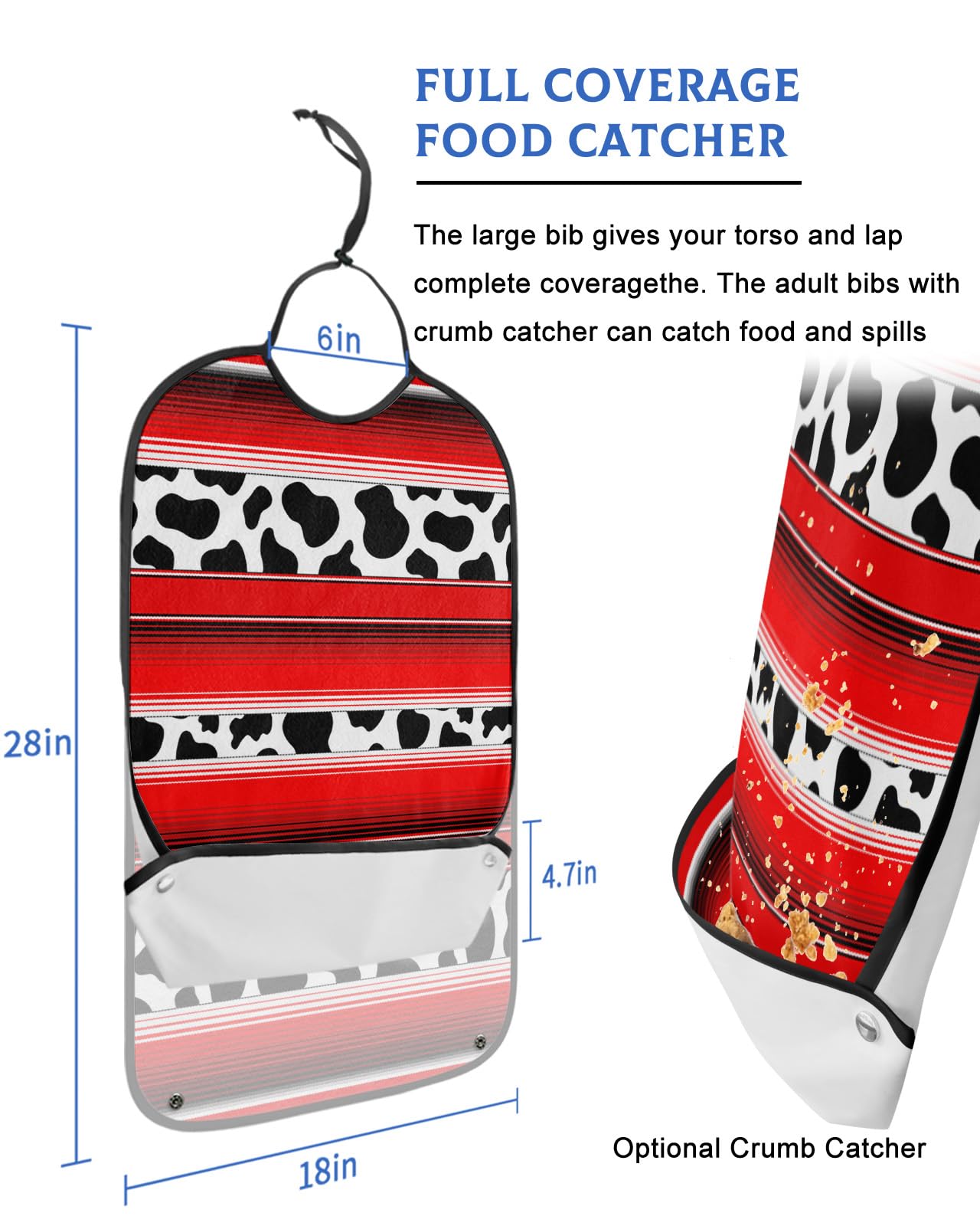 Red Buffalo Plaid Leopard Print Adult Bibs for Eating, Waterproof Bibs with Food Catcher & Adjustable Snap Closure, Black White Cheetah Animal Texture Clothing Protectors Adult Bibs for Elderly