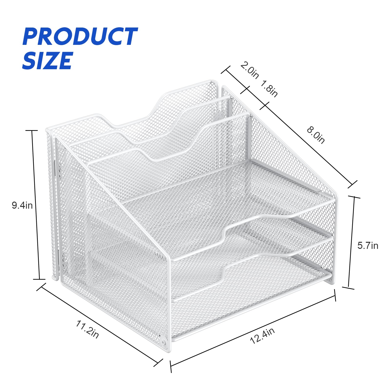 Samstar White Desk File Organizer, Mesh Letter File Folder Holder with 3 Paper Trays and 2 Vertical Upright Section, for Office Supplies, Desk Accessories & Workspace, White view 3