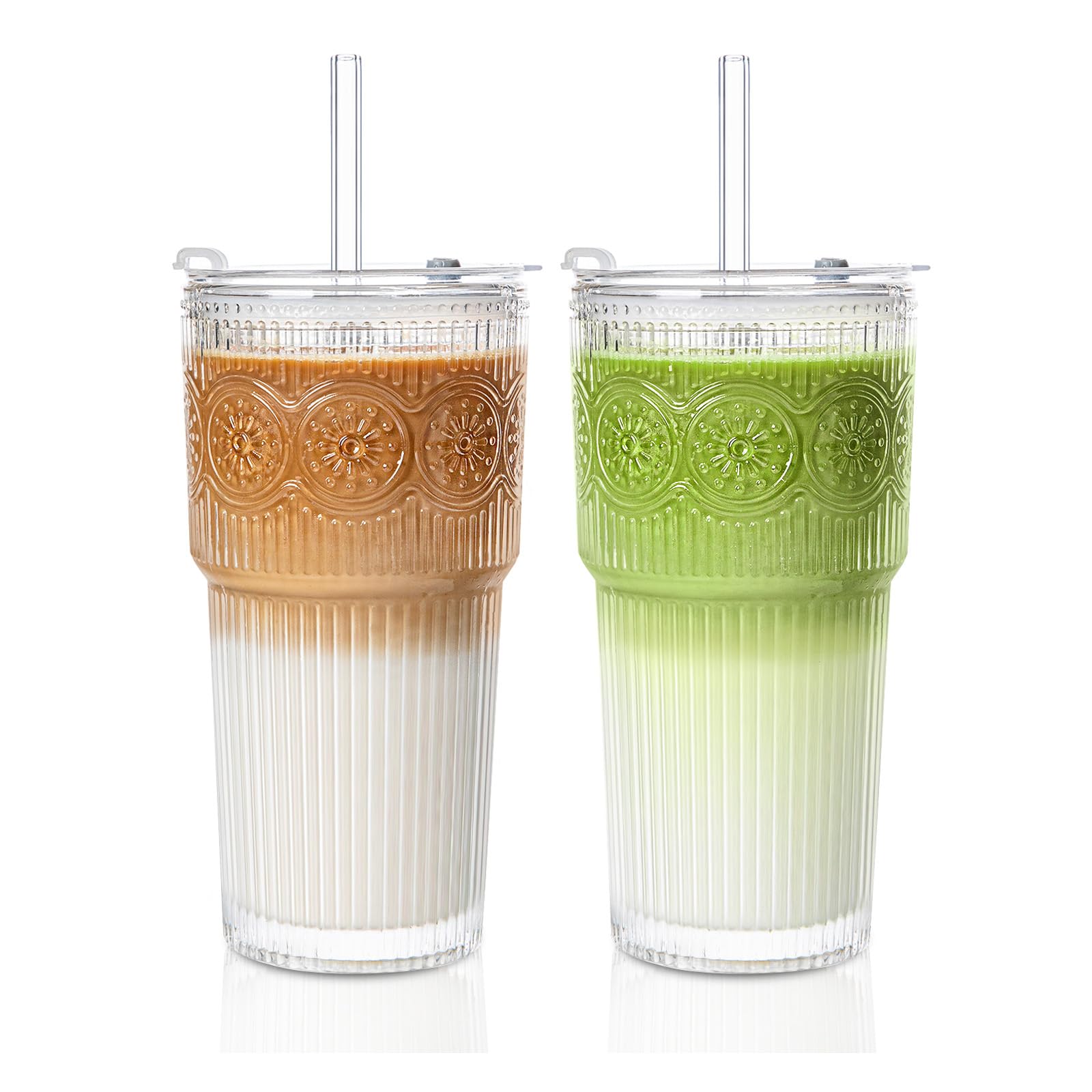 INSETLAN 600ml Floral Iced Coffee Cup, 2 Pack Leakproof Glass Tumbler with Lids and Straws