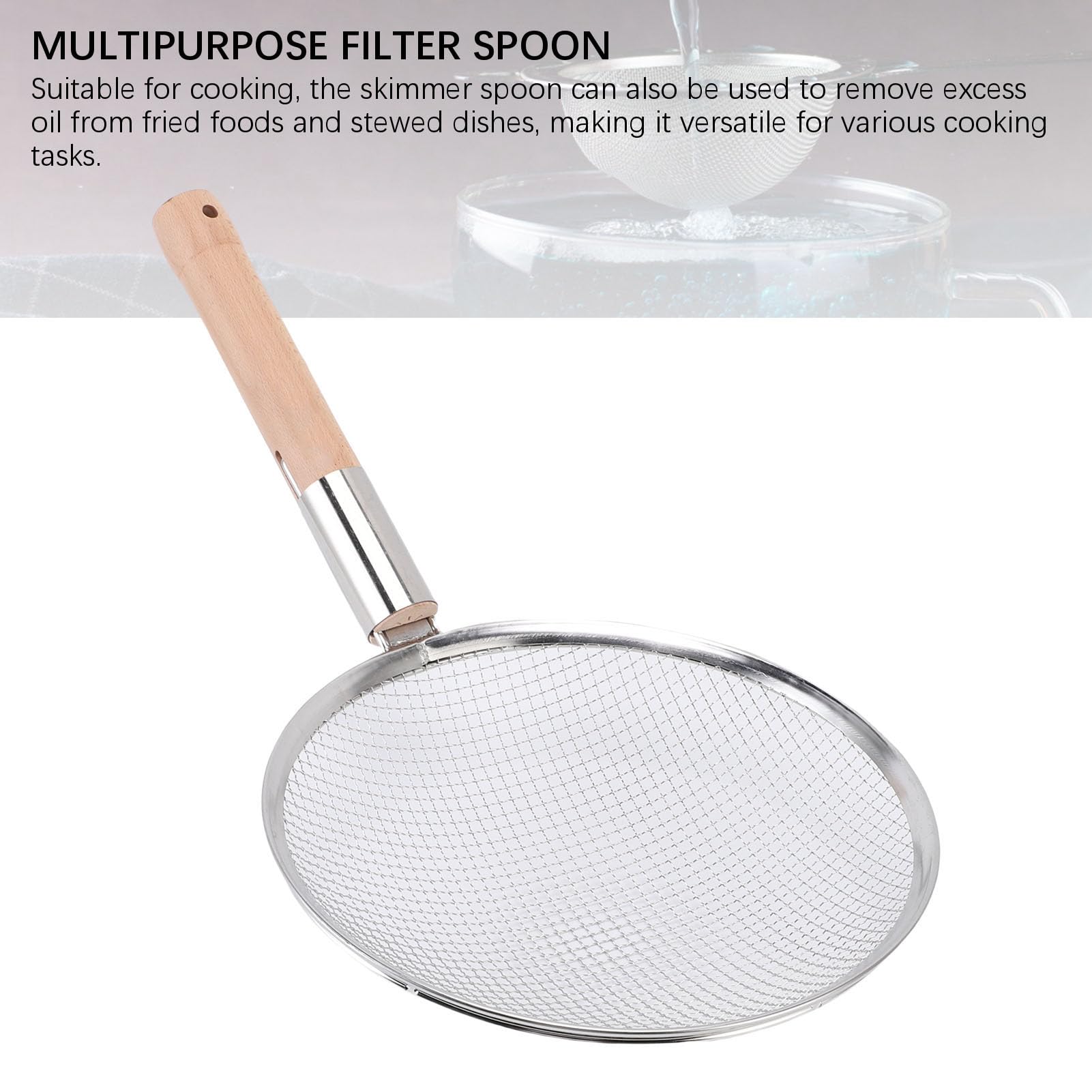 Wakects Schaumlöffel, Edelstahl, Feinmaschiges Sieb mit Holzgriff, 25,4 Cm Griff Zum Braten von Suppen und Heißen Töpfen, Zum Abschäumen von Öl, Filtern von Lebensmitteln in der Heimischen Küche