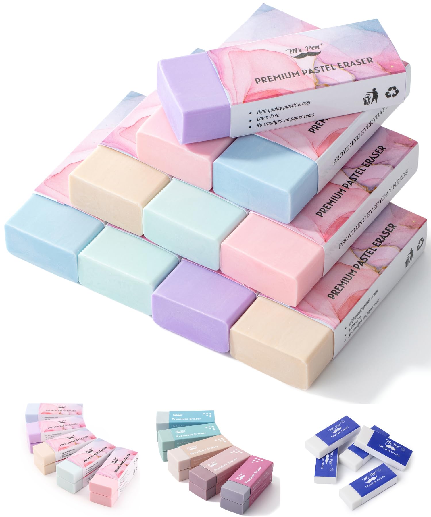 Mr. Pen- Pencil Erasers, 10 Pack, Pastel Colors, Latex-Free Vinyl Erasers, Large Eraser for School Office, Art Eraser for Drawing