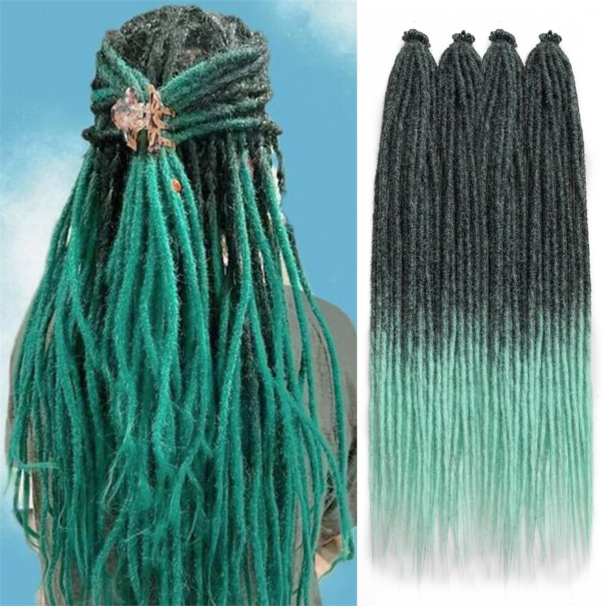 22 inch Dreadlock Extensions Single Ended, Ombre Green Thin 0.8cm Dreads Extensions, 10 pcs Synthetic Braid in Dreadlock Extensions Reggae Hippie Crochet Dreads for Women