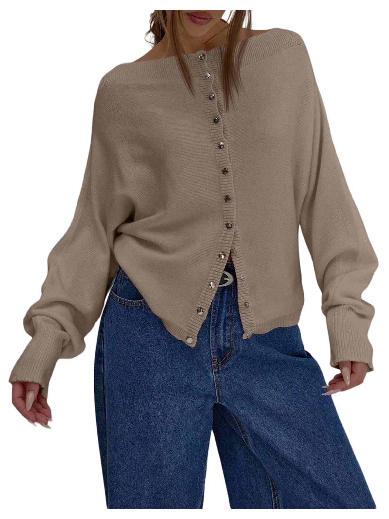 SOLY HUX Womens Button Down Cardigans Boat Neck Long Sleeve Loose Sweater Coats