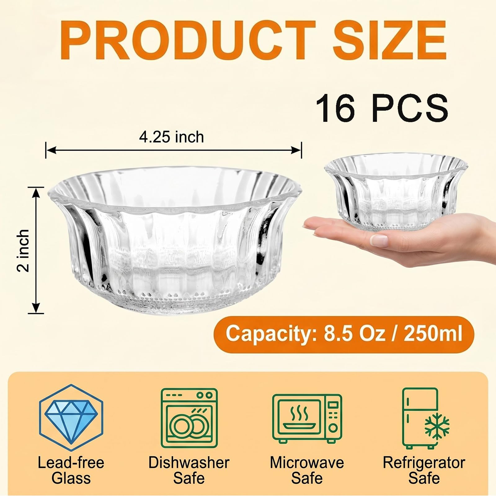 Frcctre 16 szt. przezroczystych szklanych misek o średnicy 10 cm, 250 ml, mini szklane miski do przygotowania kuchni, deserów, sosów, słodyczy, orzechów, przekąsek -