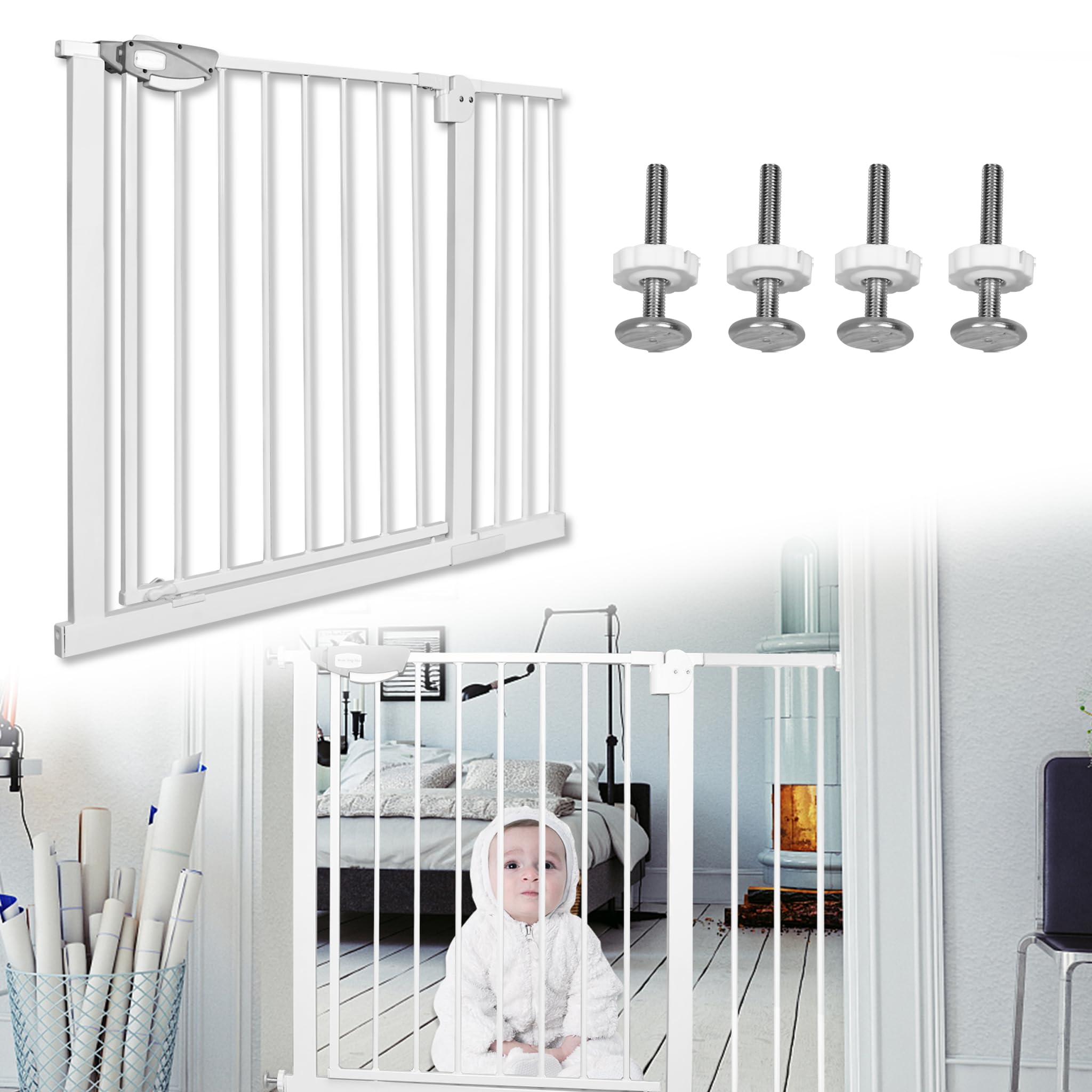 XINZI Metalen deurhek, trapbeschermingshek, 95-105 cm, zonder boren, hoogte 78 cm, wit, babydeur, draaibaar, automatisch sluiten
