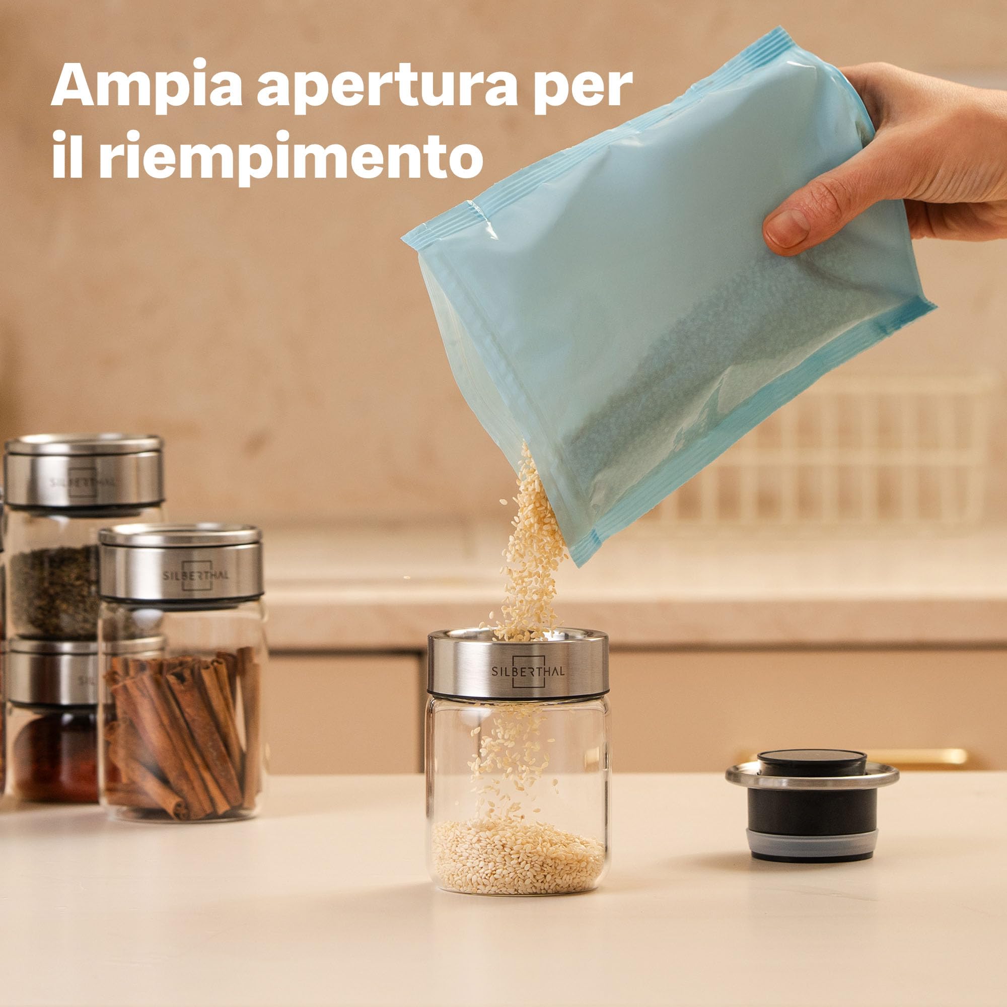 SILBERTHAL Set 12 barattoli porta spezie in vetro 300 ml – Coperchio inox