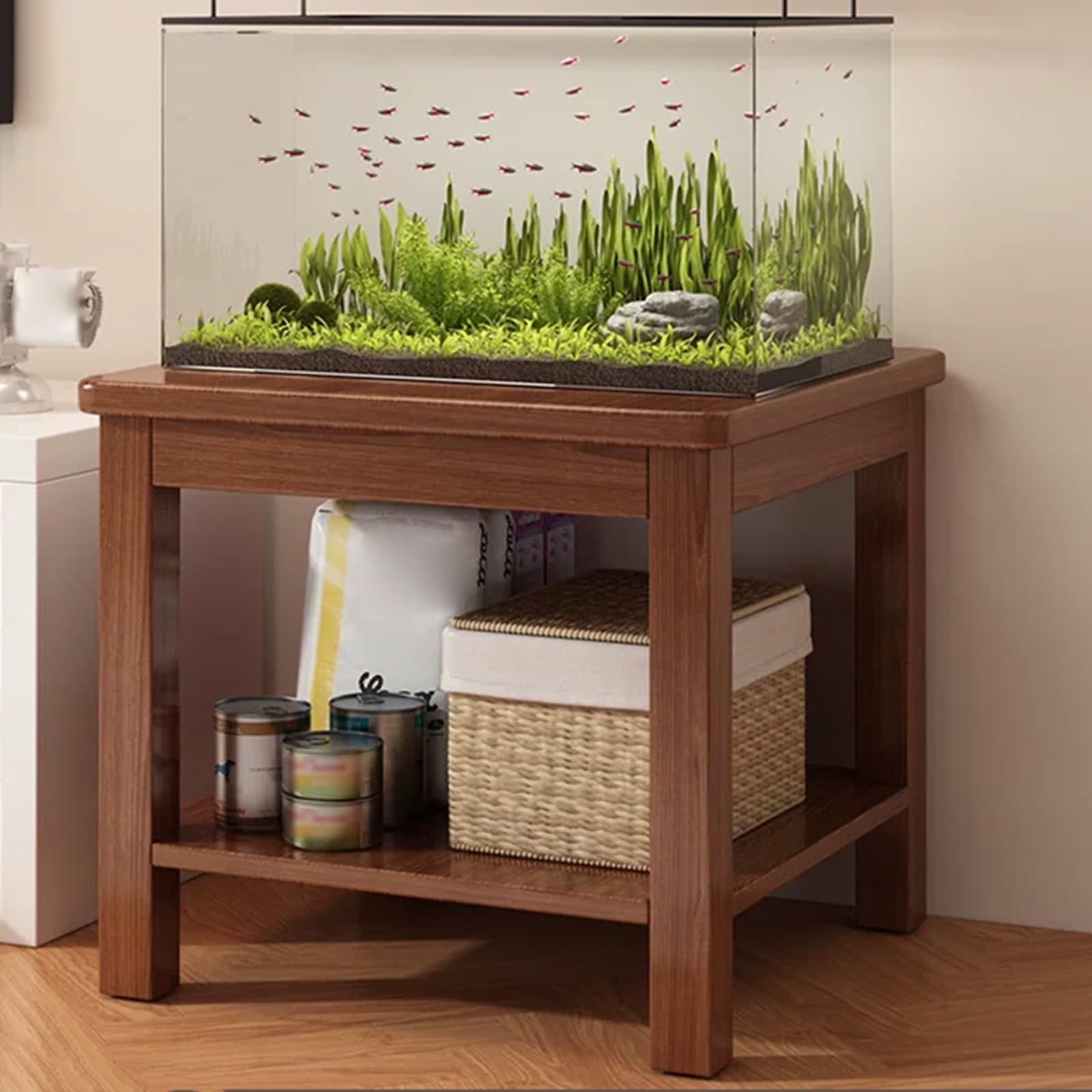 Wytrzymały drewniany stojak na akwarium ma dwupoziomową przestrzeń do przechowywania: 60 cm / 23,6 cala stojak do akwarium z litego drewna (B, 60 x 60 x 60 cm / 23,6 x 23,6 x 23,6 cala)
