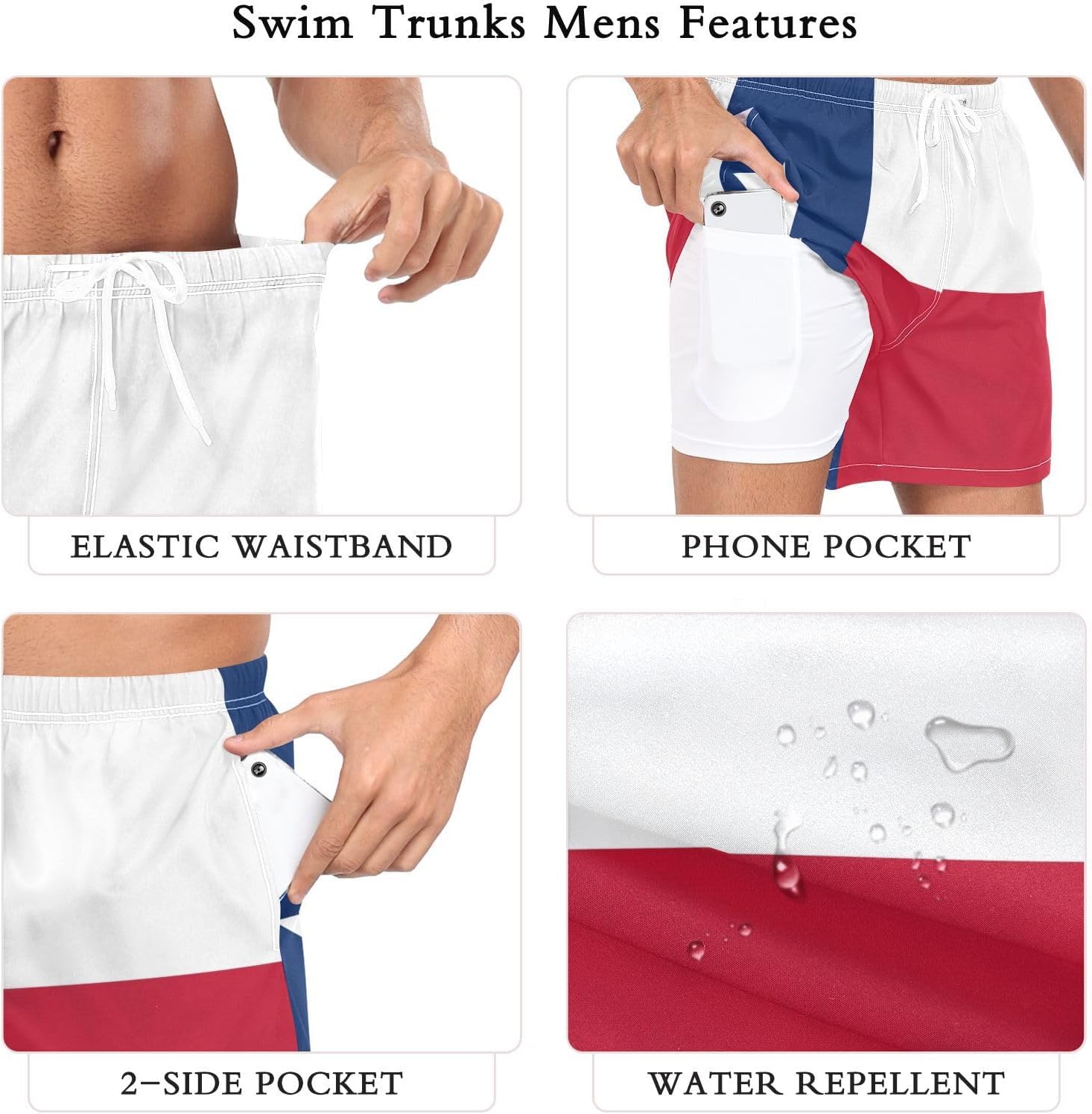 Yuiboo Texas State Flag Blue Red Mens Swimming Shorts Mens Lined Workout Shorts with Pockets and Compression - Image 6