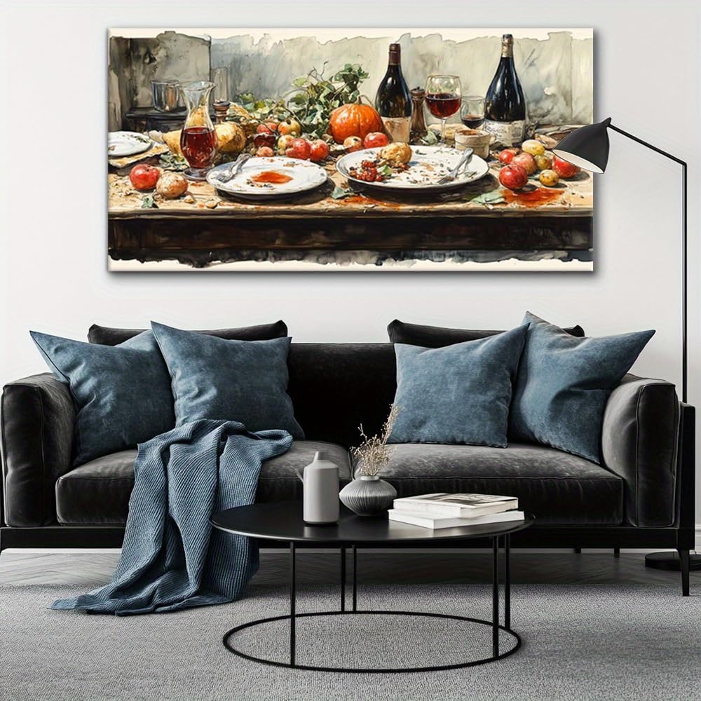 LMYSXAOZ Canvas Wall Art Dinner Painting Large Horizontal for Dining Room Kitchen Aesthetic Wine and Fruit Picture(60x120cm/Frameless)