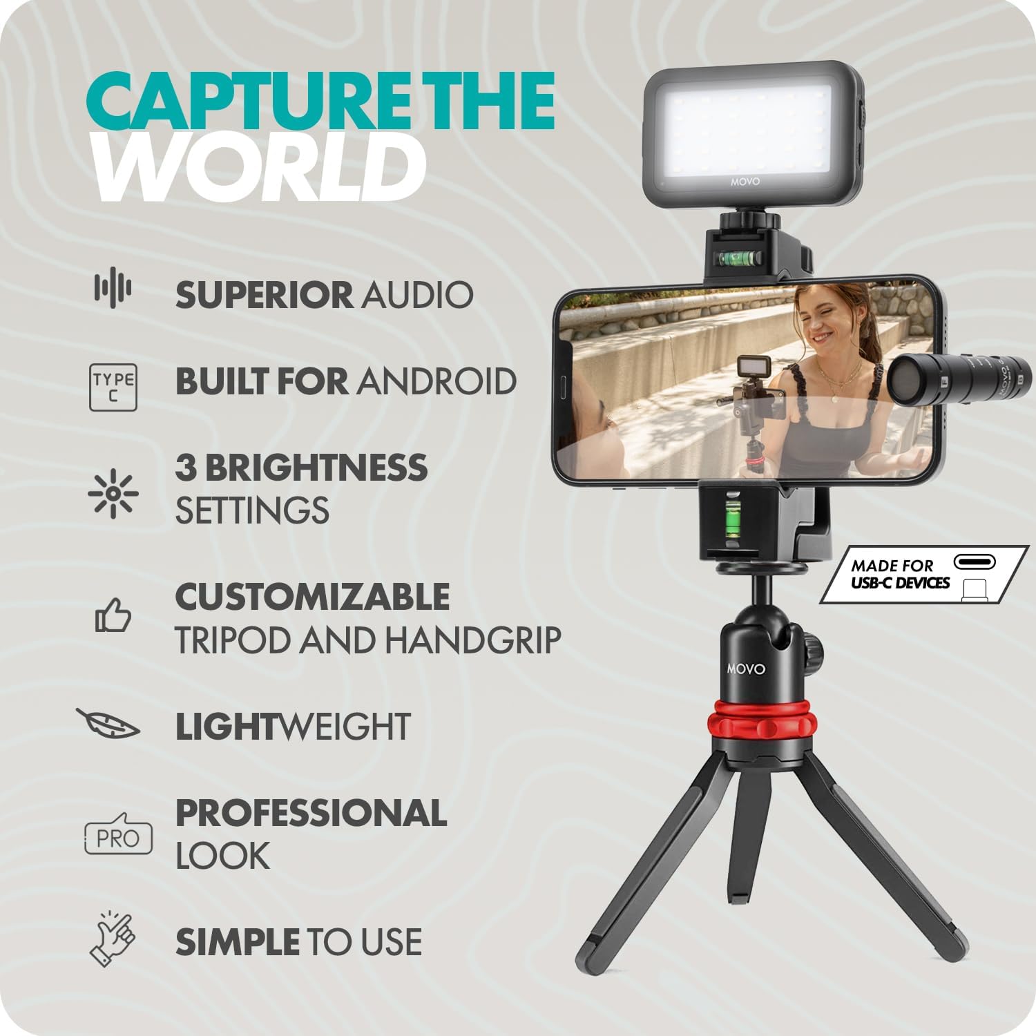 Movo All-In-One Vlogging Solution, Includes DoubleMic-UC Microphone, LED Light, Tabletop Tripod, and 1-Year Warranty