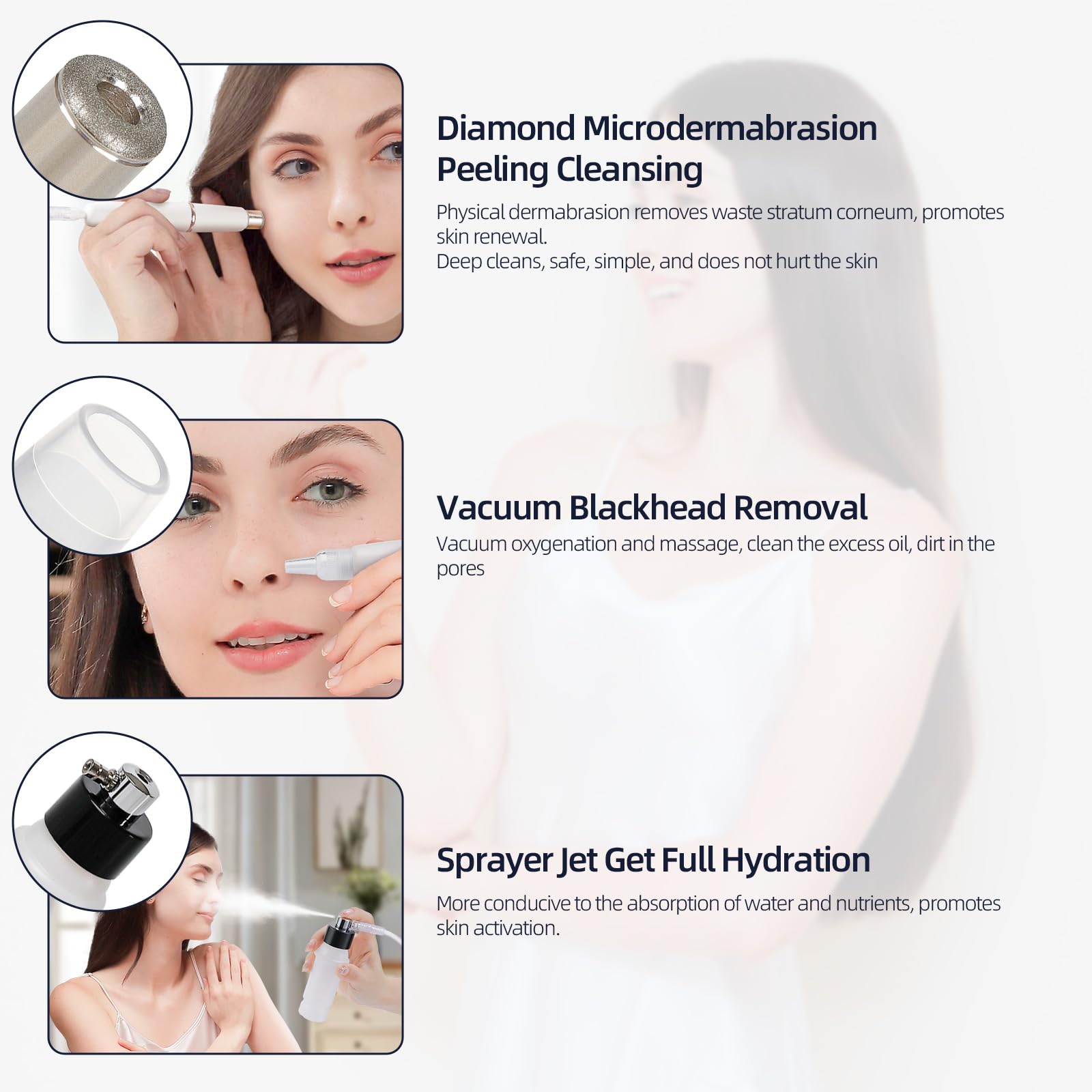 Máquina de microdermoabrasión de diamante, 3 en 1, máquina profesional de dermoabrasión de microdermoabrasión para eliminación de puntos negros, kit de dermoabrasión para el cuidado de la piel 3