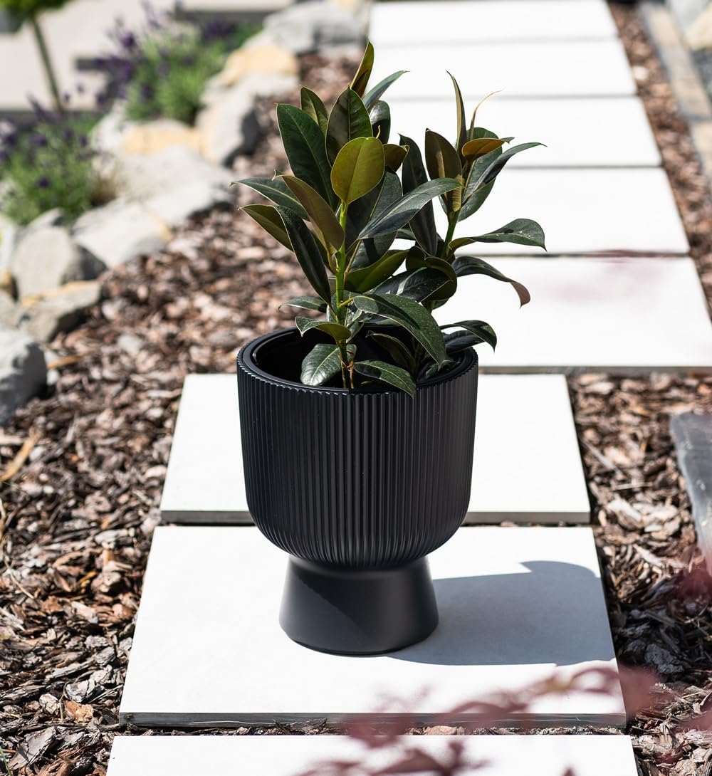 BirnePower Pot de Fleurs Rond Milly avec Insert Amovible, Cache-Pot Design Côtelé Élégant pour Intérieur et Extérieur, Résistant au Gel et UV, DBMIG 400, Anthracite