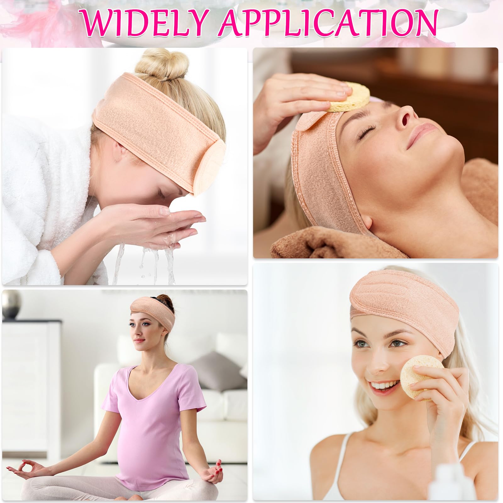 Hoteam Paquete de 30 diademas de spa para spa, diadema facial de spa a granel para lavado facial, diadema de maquillaje para ducha, baño, deporte, toalla ajustable con gancho y bucle (rosa claro)