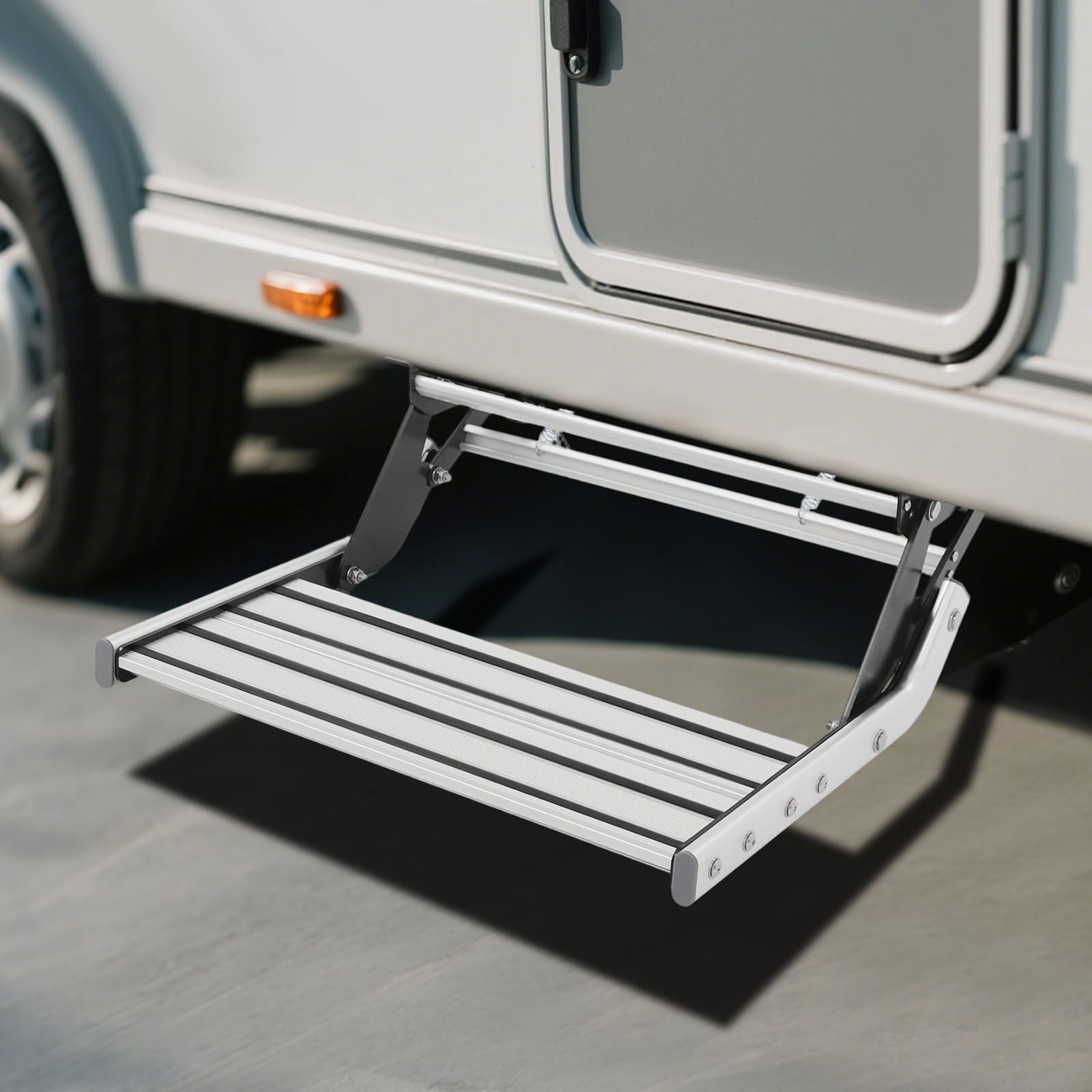 Pedana pieghevole manuale con striscia luminosa a LED, montaggio gradini da campeggio, portata 200 kg, rettangolare, passo per camper, rimorchi da viaggio, camion